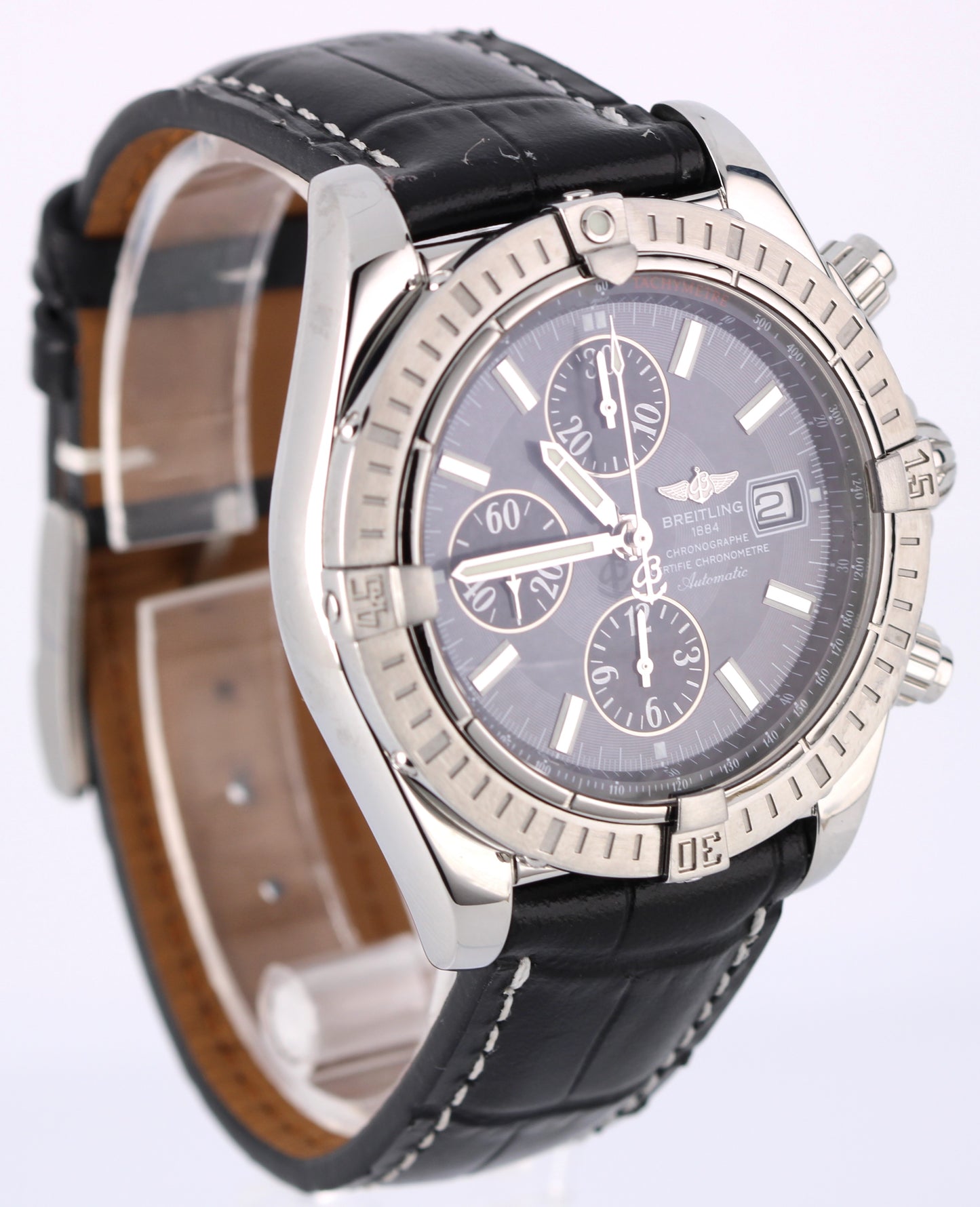 Breitling Chronomat Evolution A13356 Gray 44mm Steel Black Leather Watch