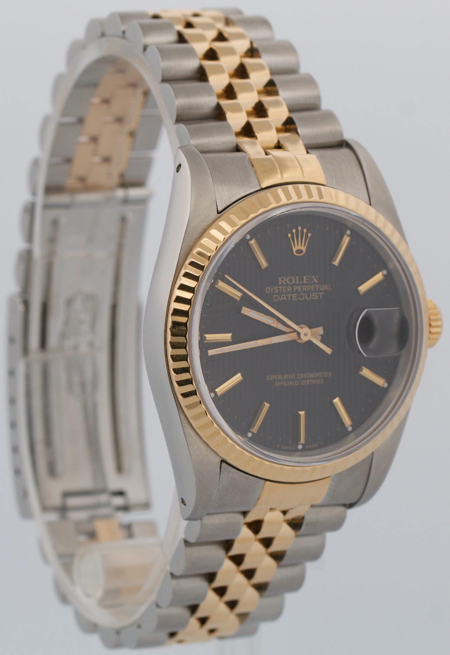 Rolex DateJust 36mm BLACK TAPESTRY 18K Yellow Gold Steel JUBILEE 16233 Watch