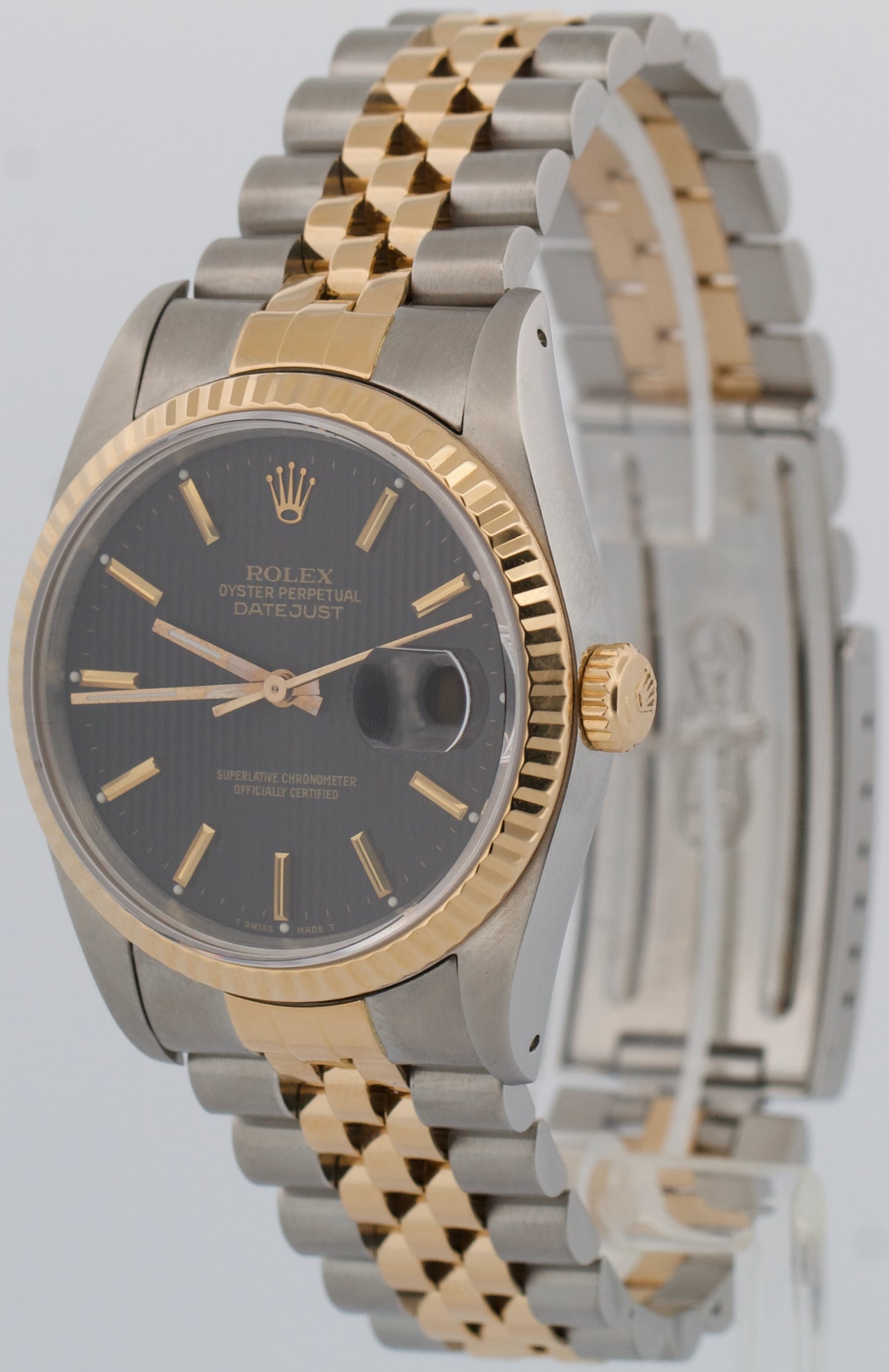 Rolex DateJust 36mm BLACK TAPESTRY 18K Yellow Gold Steel JUBILEE 16233 Watch