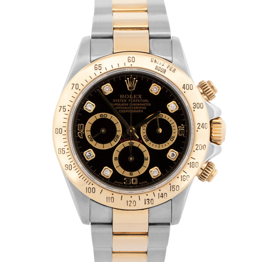 1999 Rolex Daytona Cosmograph BLACK DIAMOND 18K Gold Stainless Steel Watch 16523