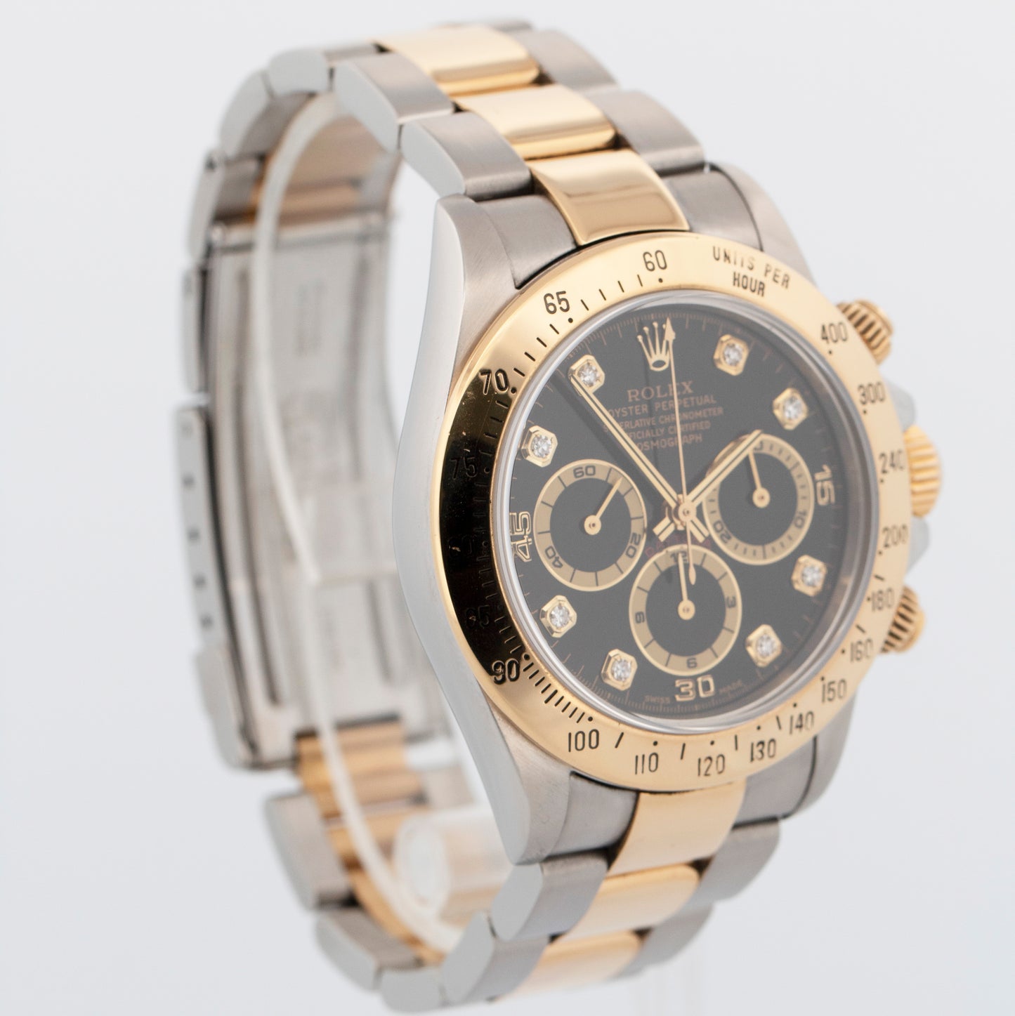 1999 Rolex Daytona Cosmograph BLACK DIAMOND 18K Gold Stainless Steel Watch 16523