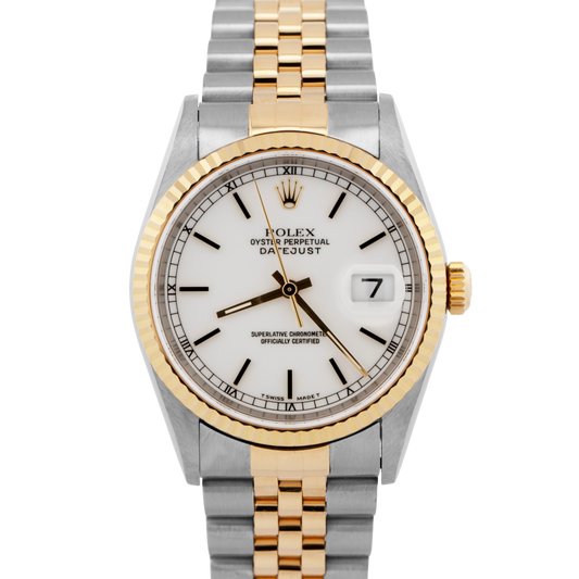 2002 PAPERS Rolex DateJust 36mm White 18K Yellow Gold Steel JUBILEE 16233 BOX