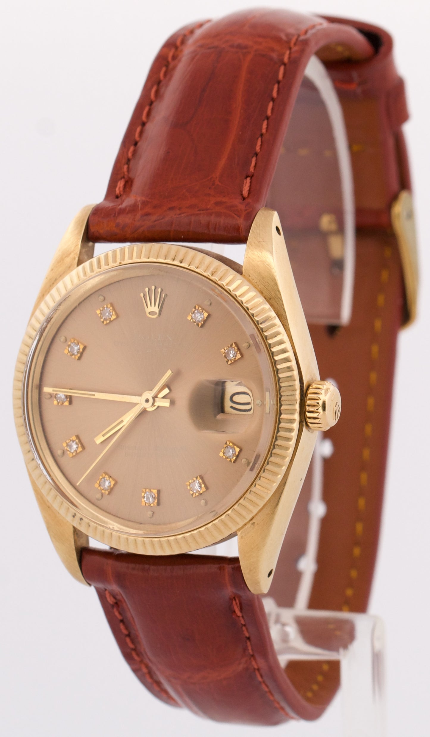 VINTAGE Rolex Oyster Perpetual Date TOBACCO DIAMOND 18K Yellow Gold 34mm 1501