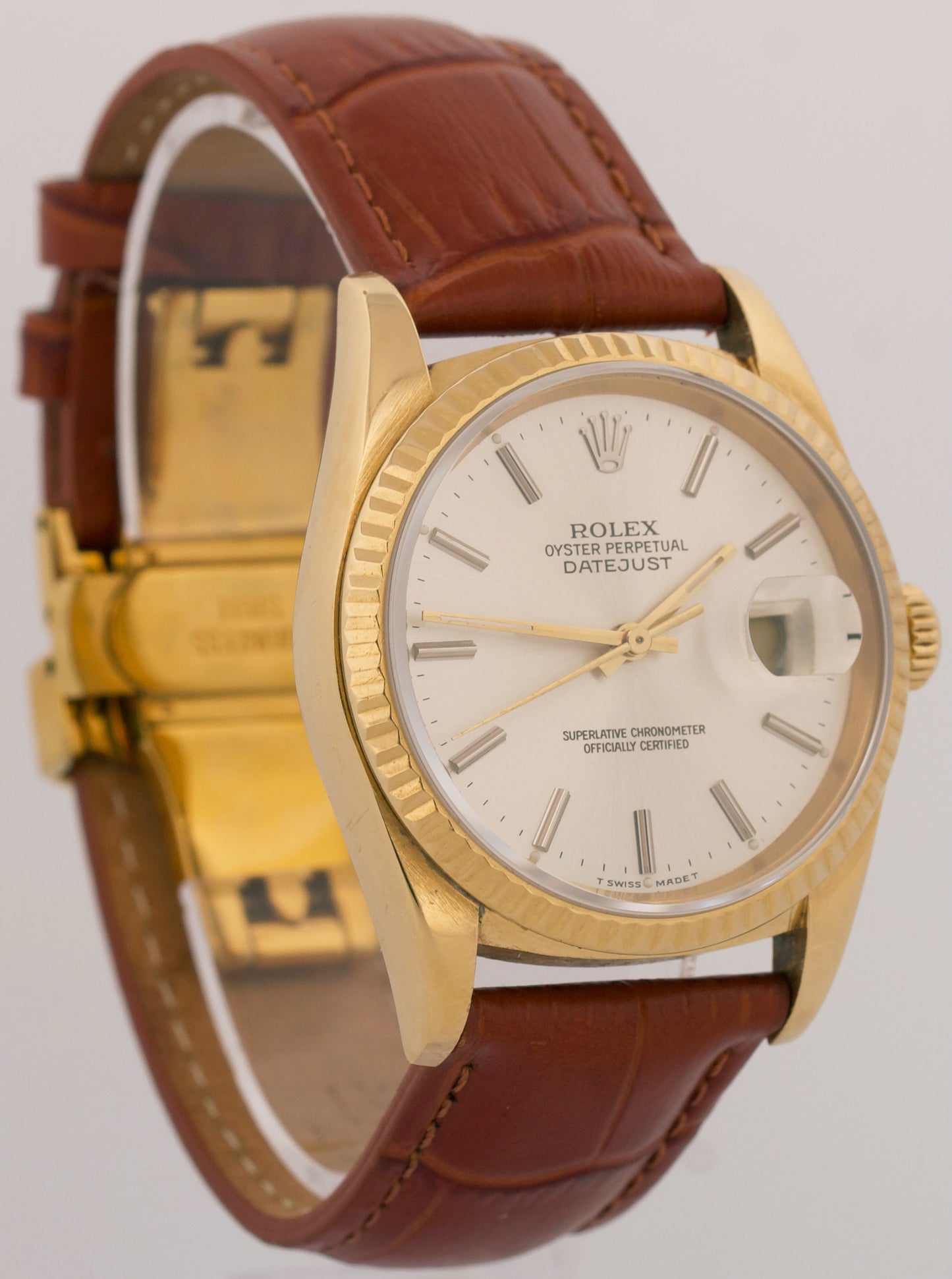 1989 Rolex DateJust 36mm SILVER 18K Yellow Gold Brown Leather Fluted 16238 Watch