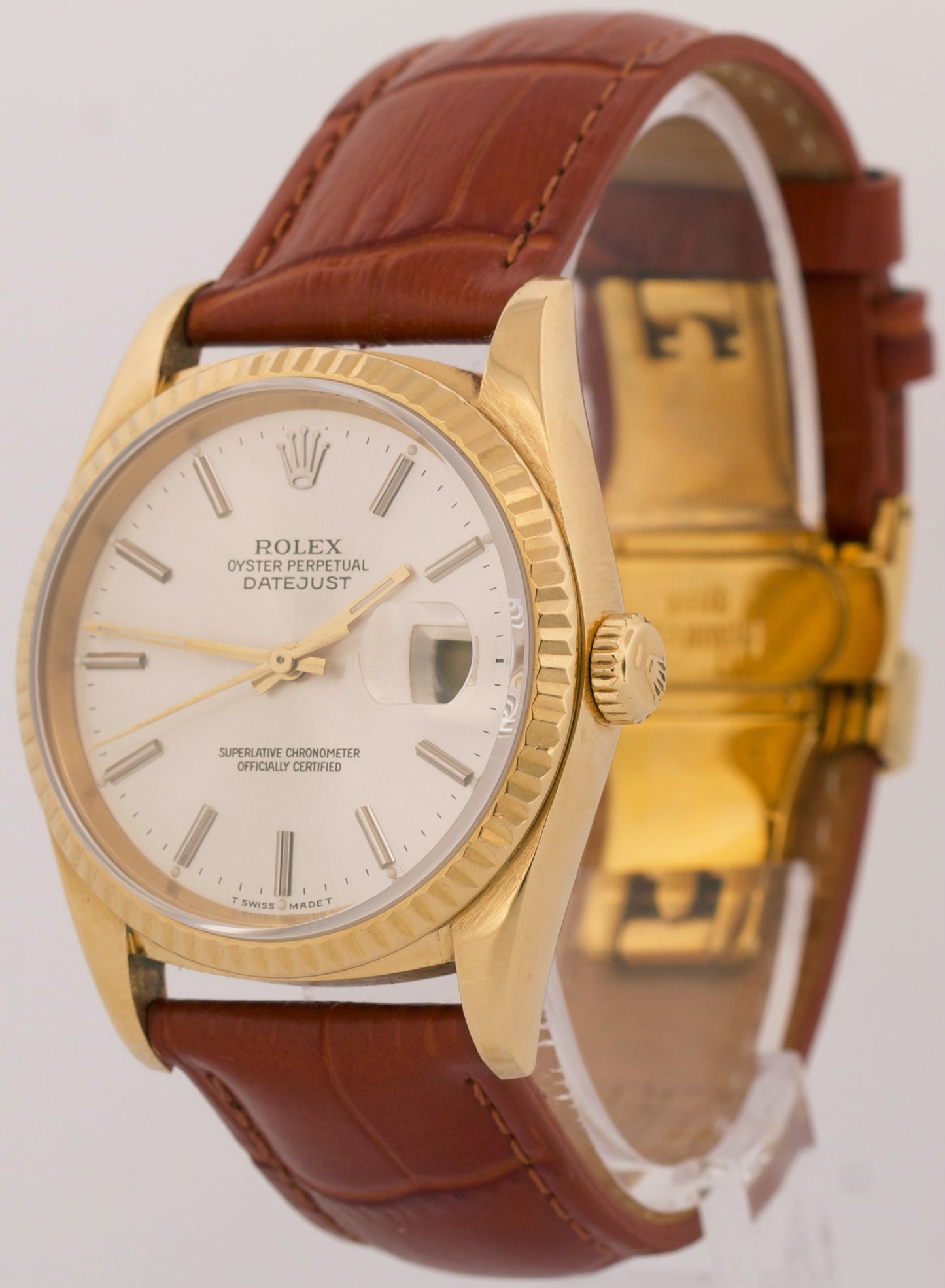 1989 Rolex DateJust 36mm SILVER 18K Yellow Gold Brown Leather Fluted 16238 Watch