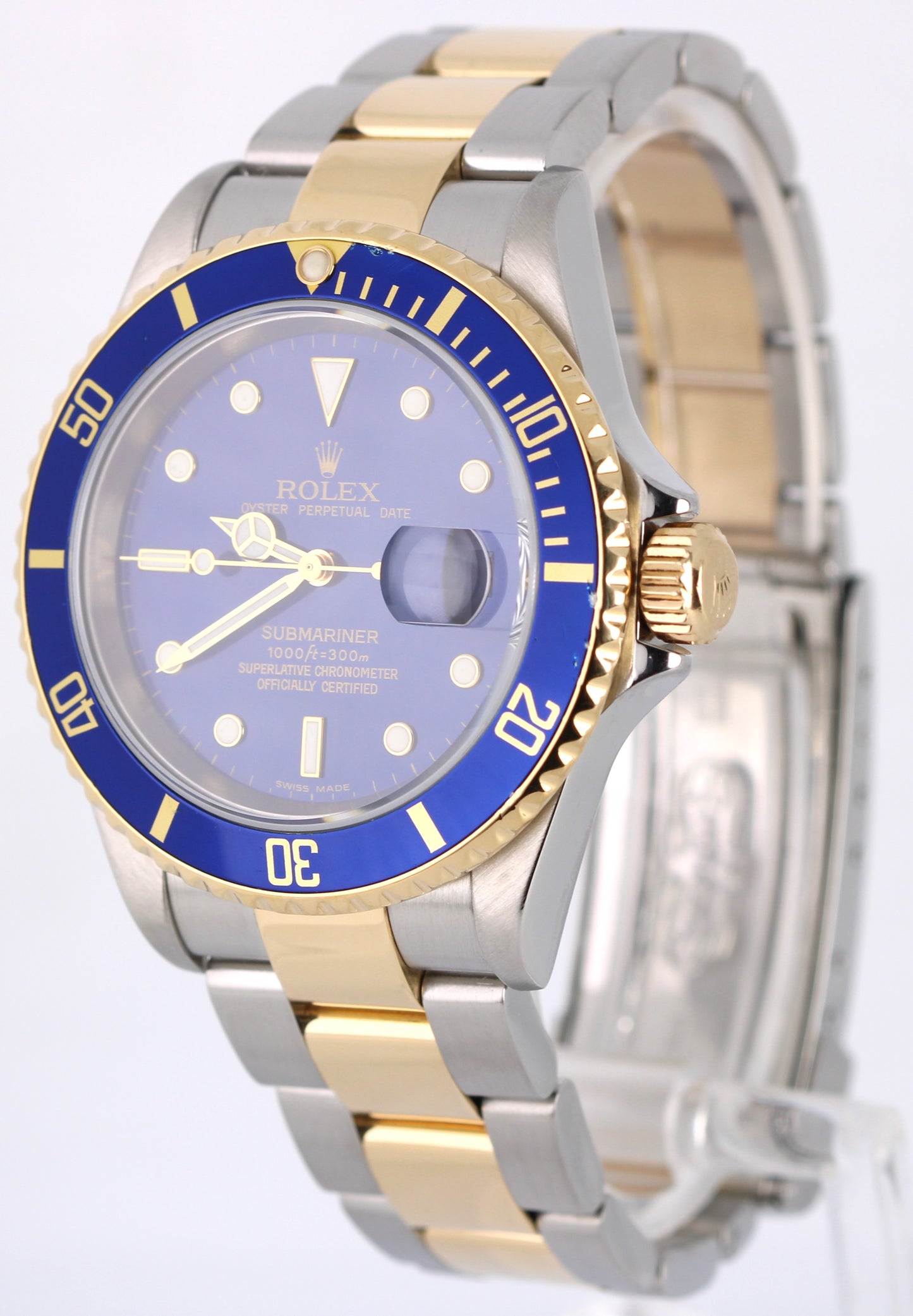 Rolex Submariner Date 16613 Two-Tone 18k Gold Steel No Holes Blue 40mm Watch