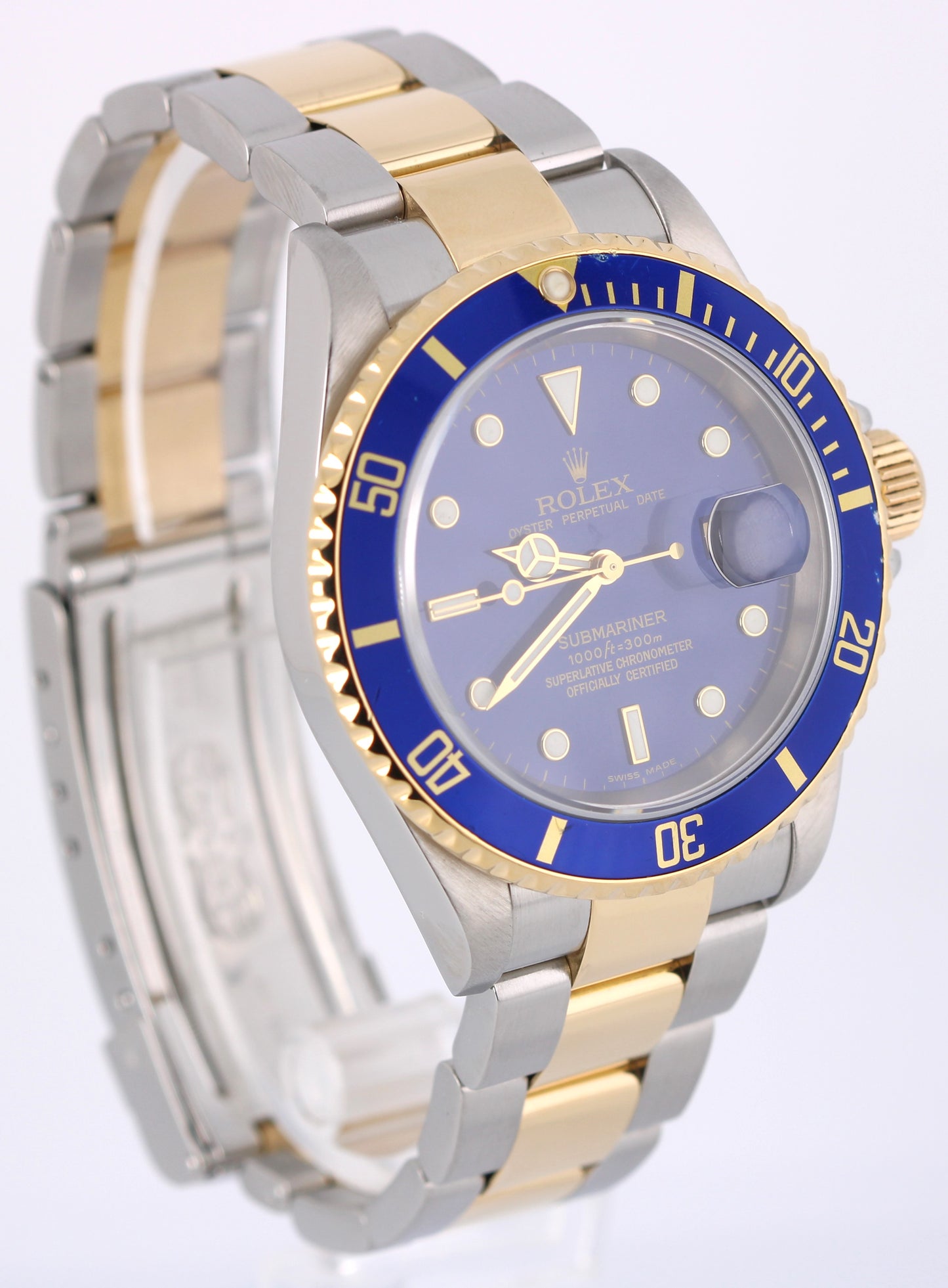 Rolex Submariner Date 16613 Two-Tone 18k Gold Steel No Holes Blue 40mm Watch