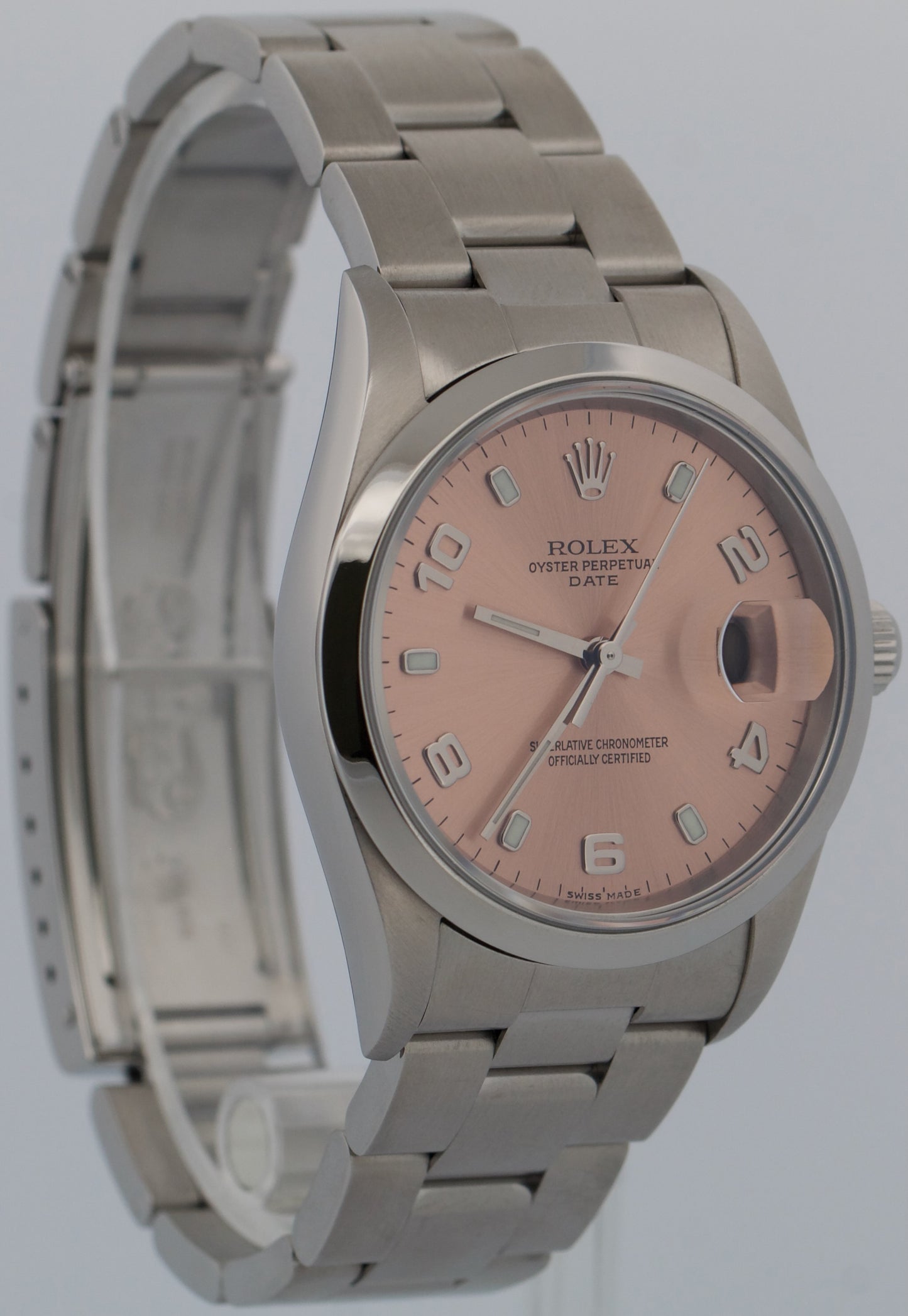 2006 Rolex Oyster Perpetual Date SALMON ARABIC 34mm Steel NO-HOLES 15200 BOX