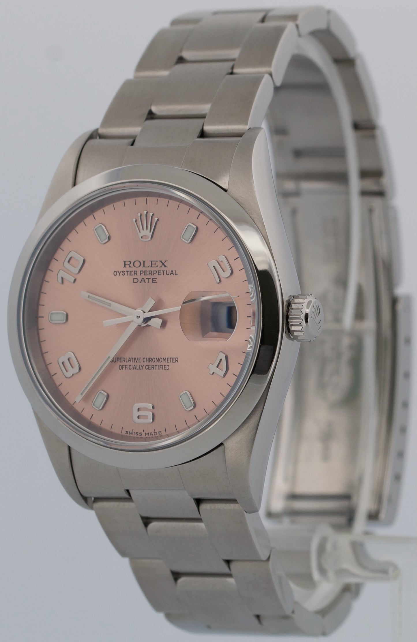 2006 Rolex Oyster Perpetual Date SALMON ARABIC 34mm Steel NO-HOLES 15200 BOX