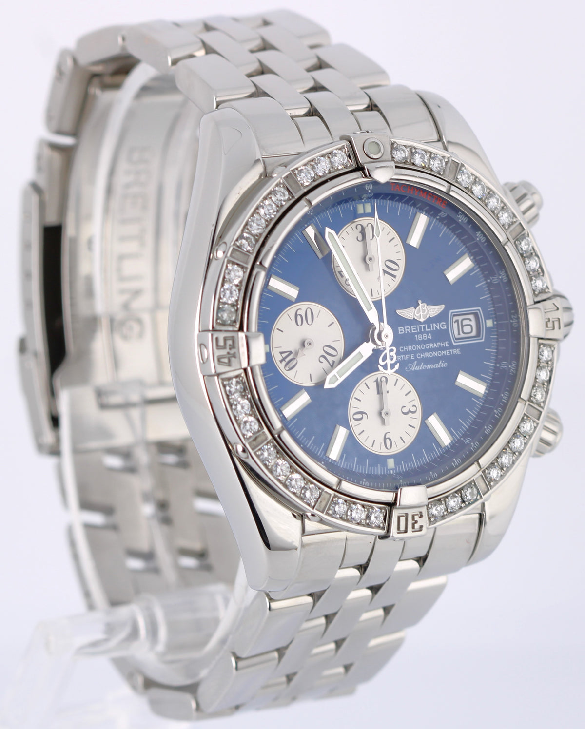 Breitling Chronomat Evolution A13356 Diamond Bezel Blue 44mm Watch Box Papers