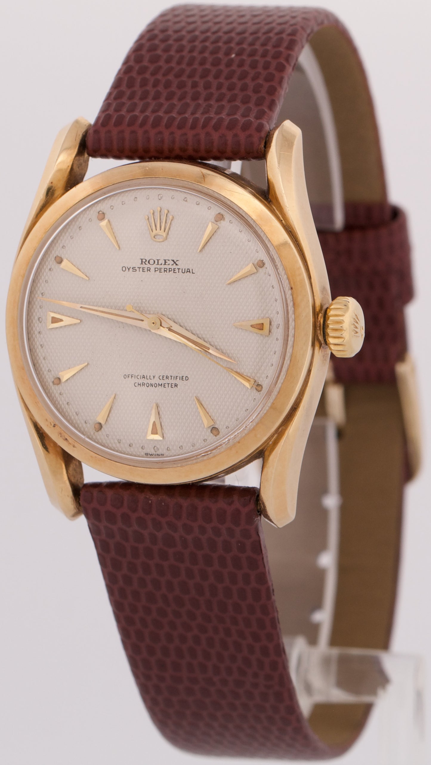 VINTAGE Rolex Oyster Perpetual IVORY HONEYCOMB 14K Yellow Gold BOMBAY 33mm 6090