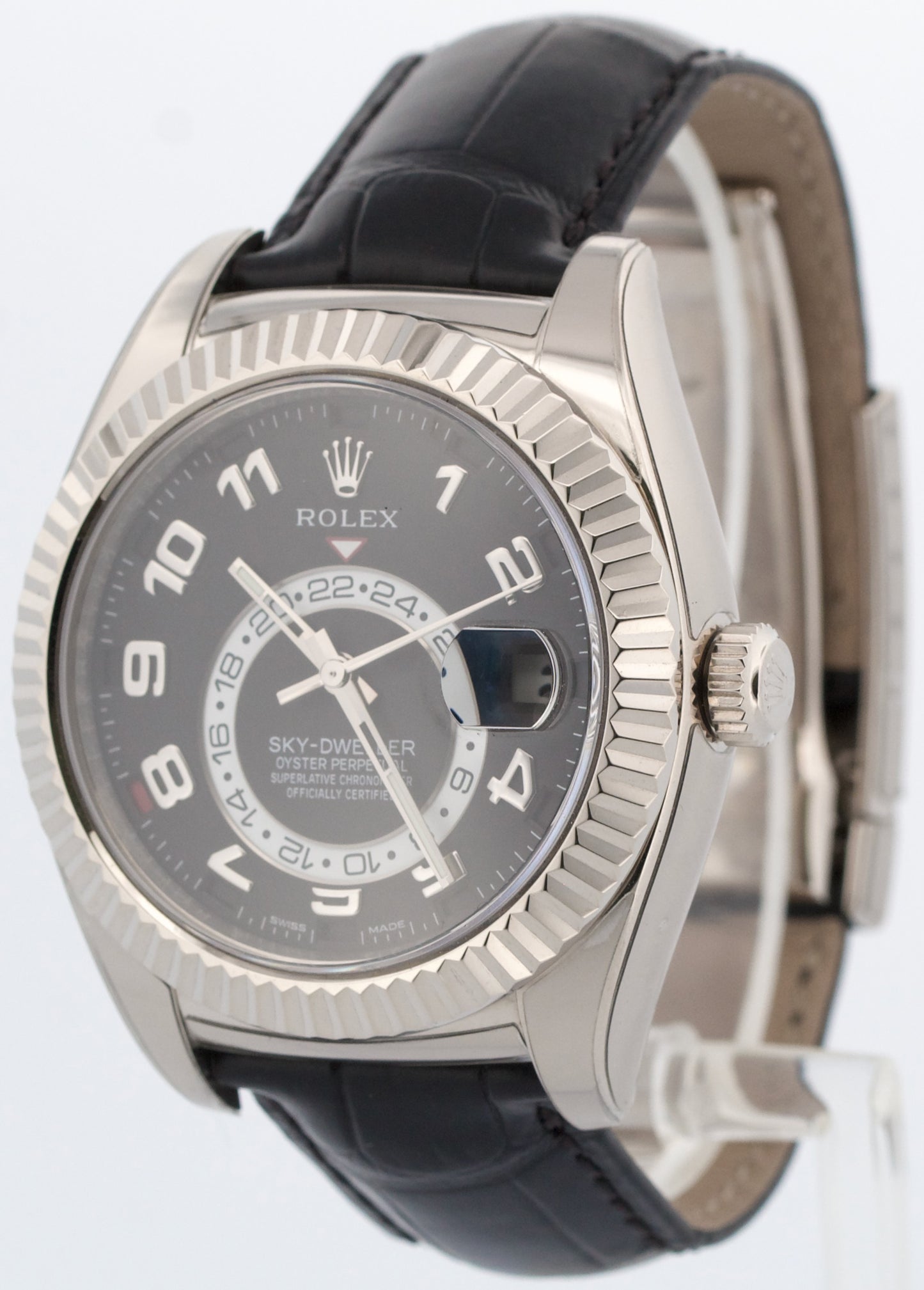 PAPERS Rolex Sky-Dweller BLACK ARABIC 18K White Gold Leather 42mm 326139 BOX