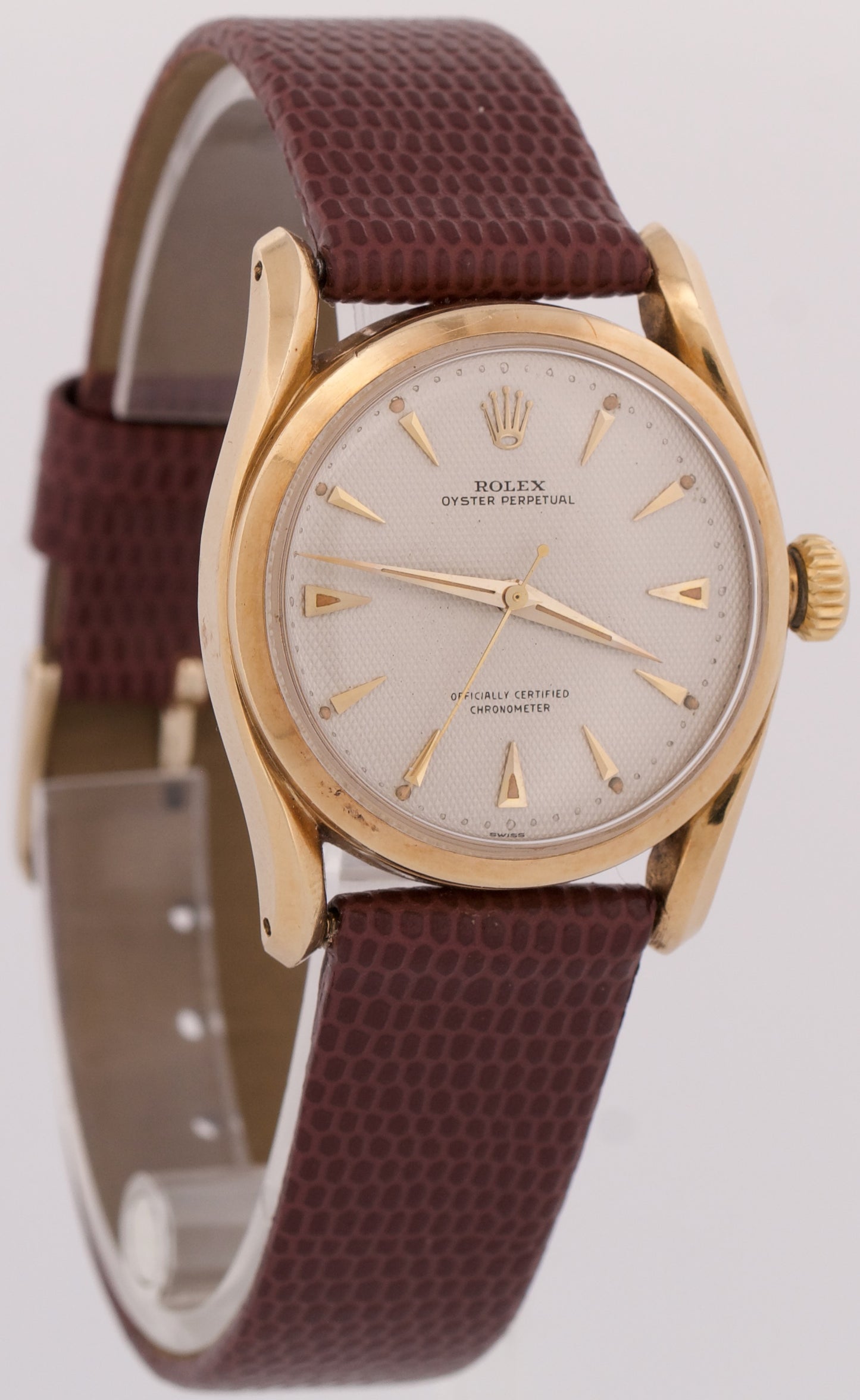 VINTAGE Rolex Oyster Perpetual IVORY HONEYCOMB 14K Yellow Gold BOMBAY 33mm 6090