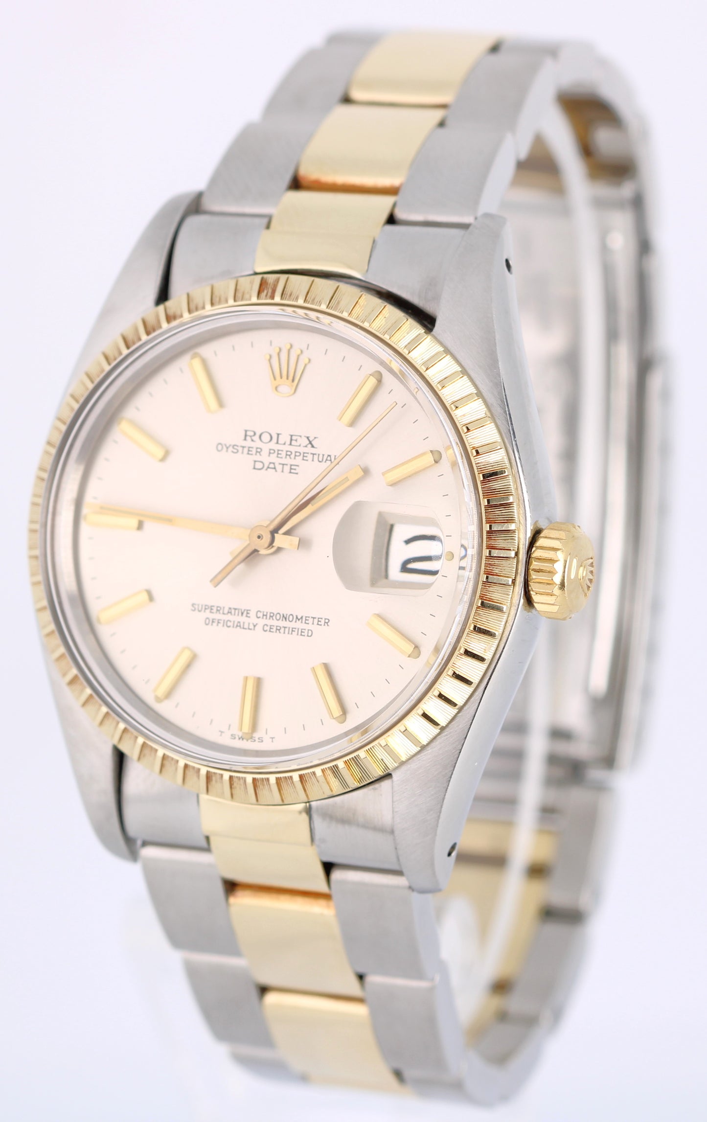 Vintage Rolex Date 1505 Two-Tone 18k Gold Steel Silver 34mm Engine Turned Watch
