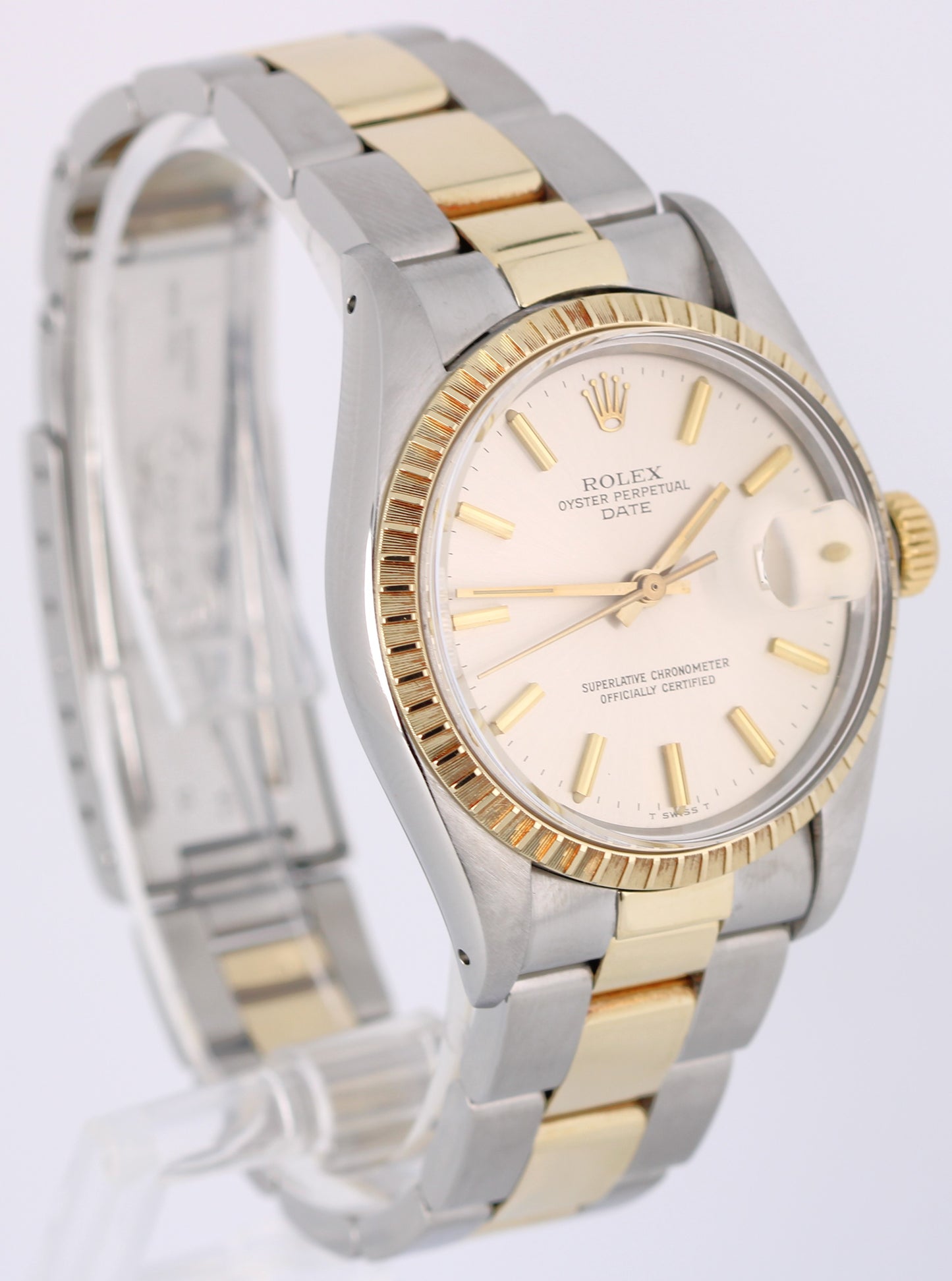 Vintage Rolex Date 1505 Two-Tone 18k Gold Steel Silver 34mm Engine Turned Watch
