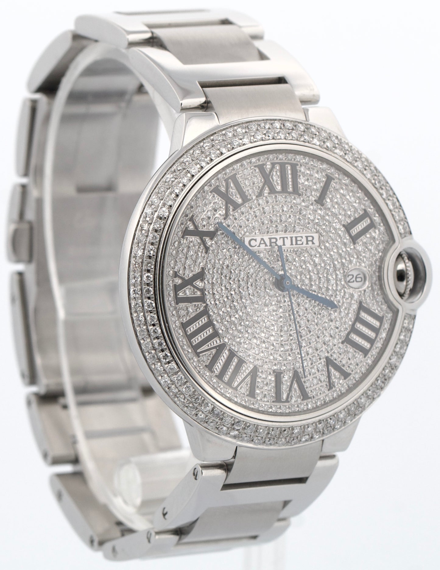 Cartier Ballon Bleu Stainless Steel PAVE DIAMOND Roman 42mm W69012Z4 3001 Watch