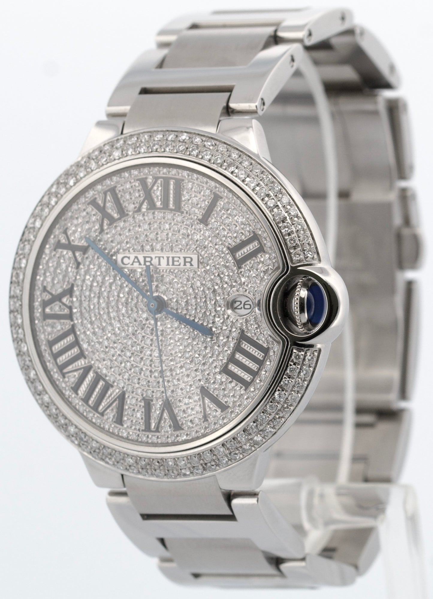 Cartier Ballon Bleu Stainless Steel PAVE DIAMOND Roman 42mm W69012Z4 3001 Watch