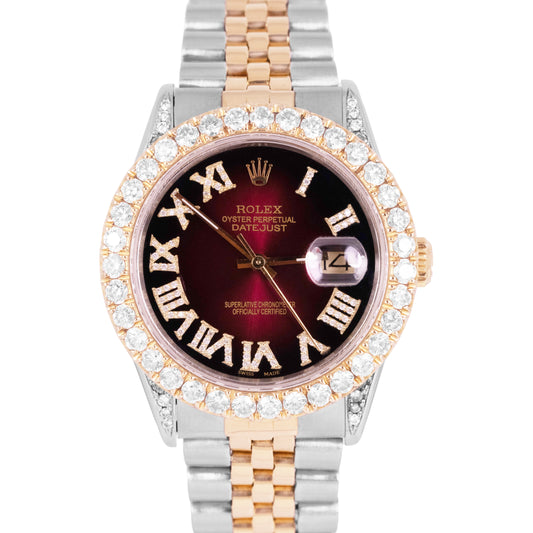 Rolex DateJust 36mm Red Diamond Dial 18K Yellow Gold Steel Two-Tone Watch 16013