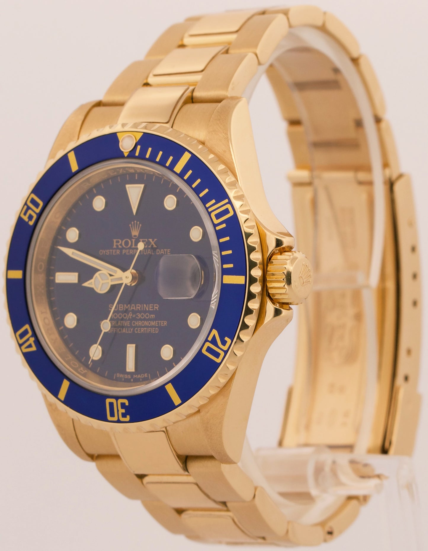 2009 Rolex Submariner Date 16618 Blue Rehaut No-Holes 18K Gold 40mm Box Papers