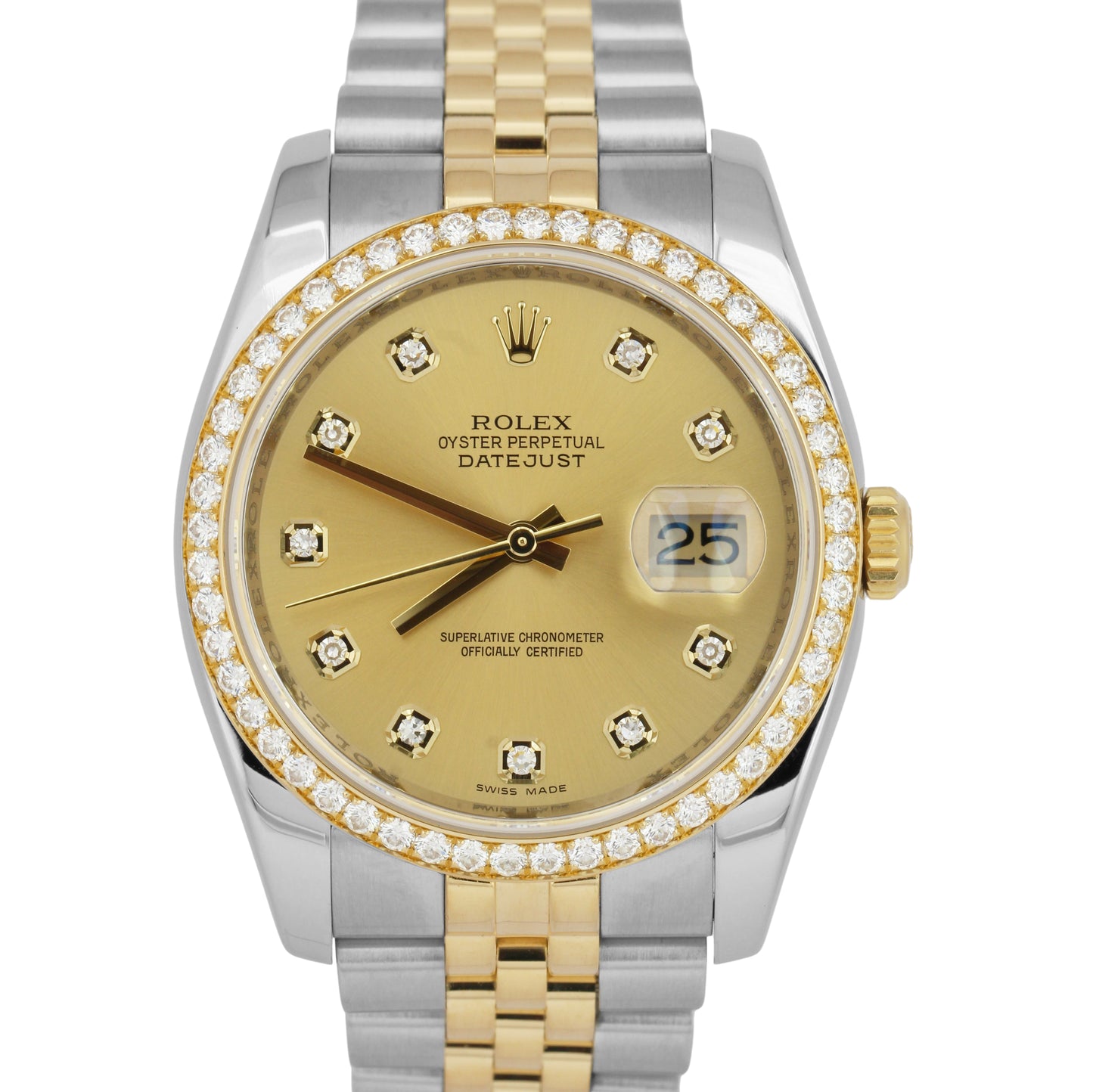MINT Rolex DateJust 36mm Champagne DIAMOND Two-Tone Gold Steel Watch 116243