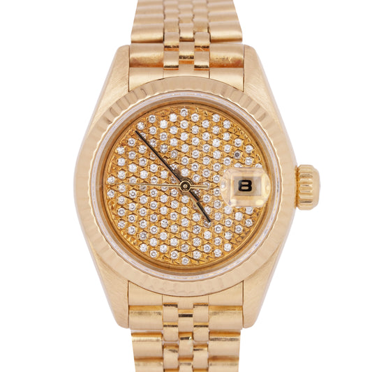 PAPERS Ladies Rolex DateJust President 26mm PAVE DIAMOND Gold Jubilee 69178  B+P