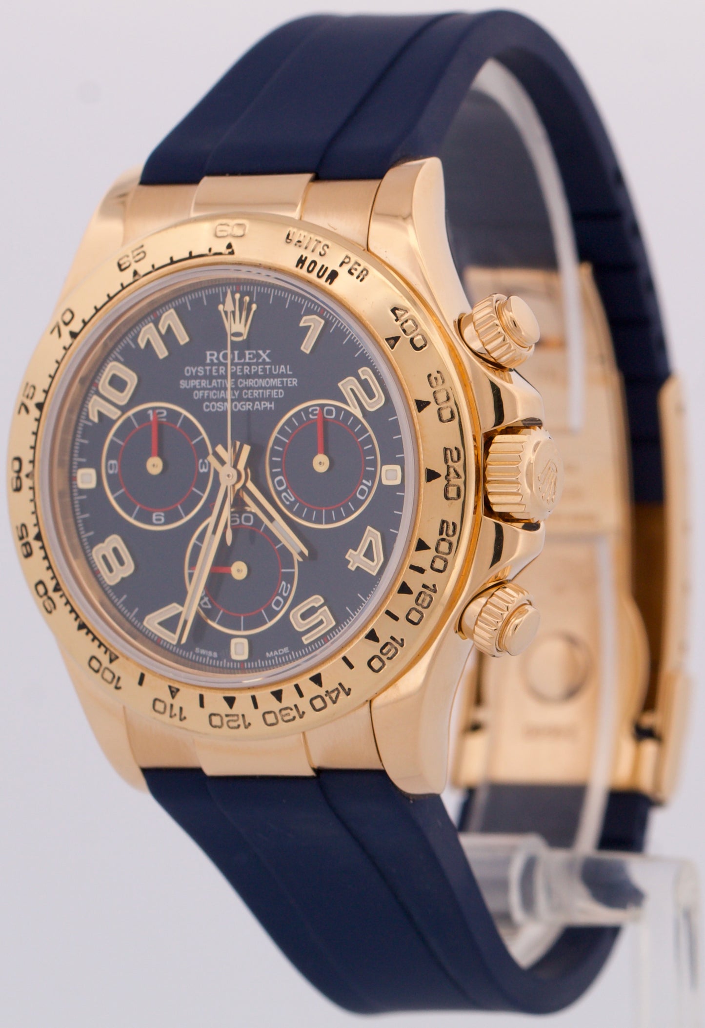 Rolex Daytona Cosmograph BLUE RACING Arabic 18K Yellow Gold RUBBER 116518 BOX