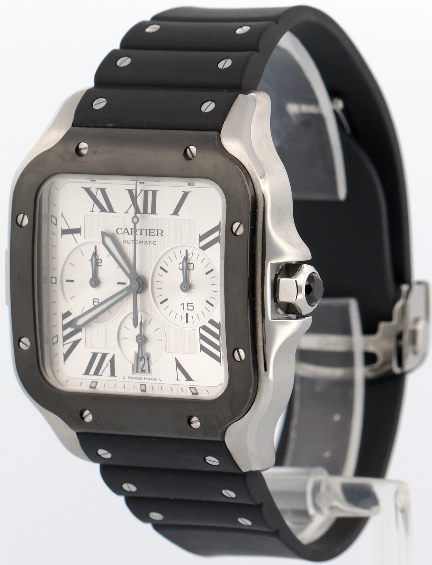 Cartier Santos Chronograph Steel ADLC Silver Rubber 43mm WSSA0017 4183 Watch