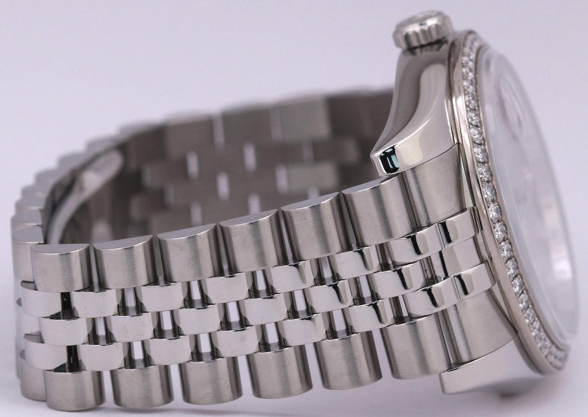 MINT Rolex DateJust SILVER 36mm 18K DIAMOND BEZEL Jubilee Watch 116244