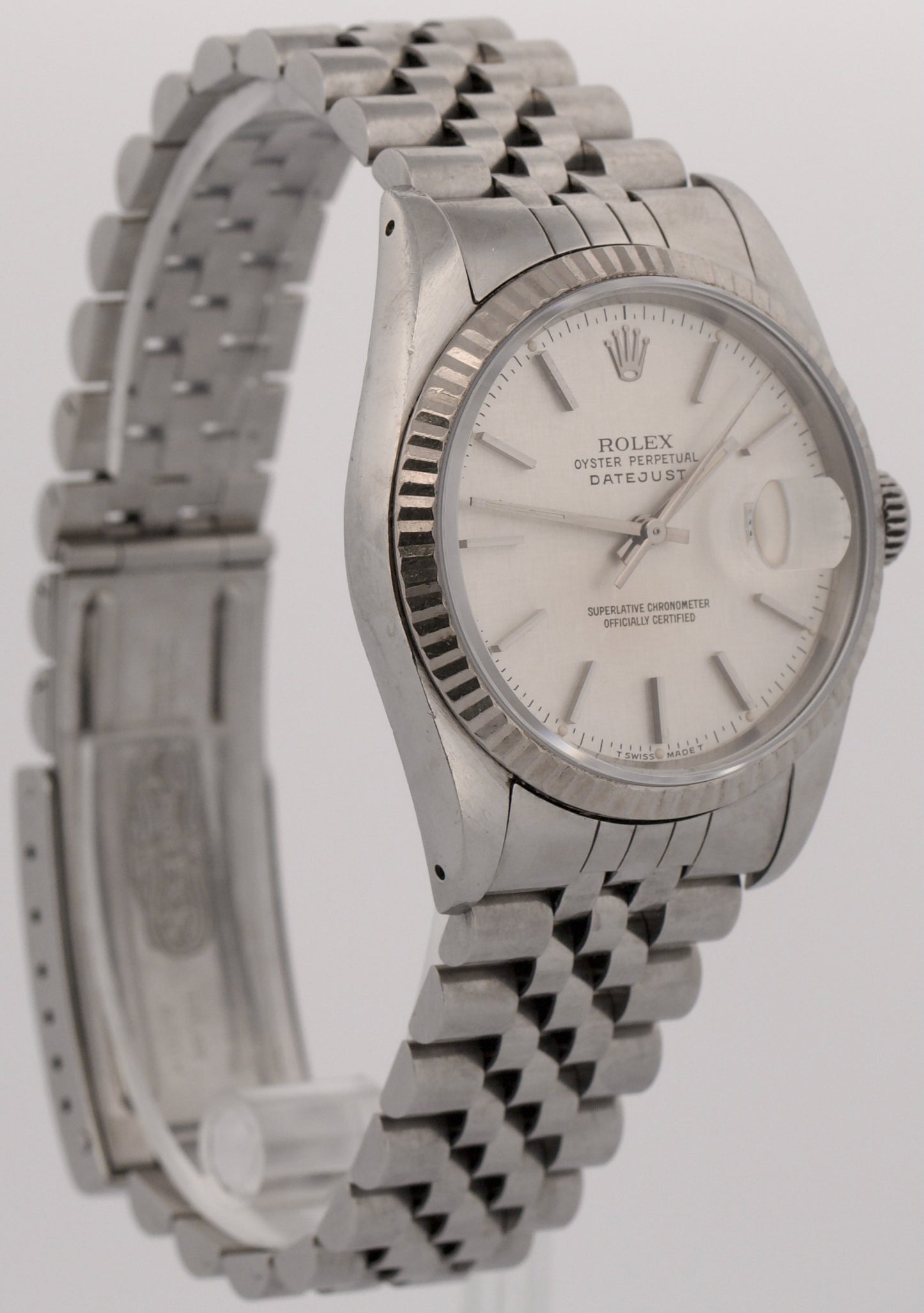 Rolex DateJust SILVER LINEN 36mm Stainless Steel 18K White Gold JUBILEE 16234