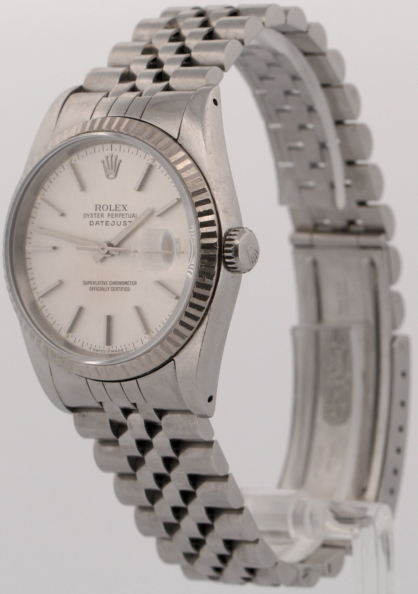 Rolex DateJust SILVER LINEN 36mm Stainless Steel 18K White Gold JUBILEE 16234