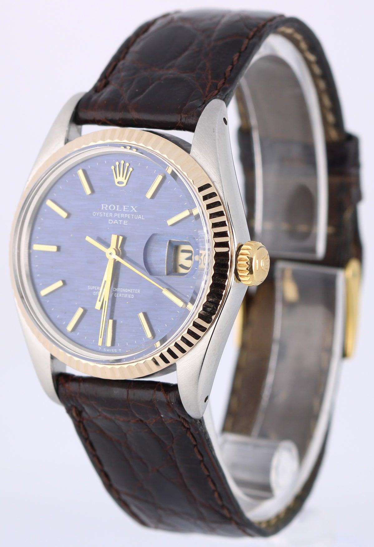 Vintage Rolex Oyster Perpetual Date 1500 Blue Mosaic Shantung Brick 34mm Watch