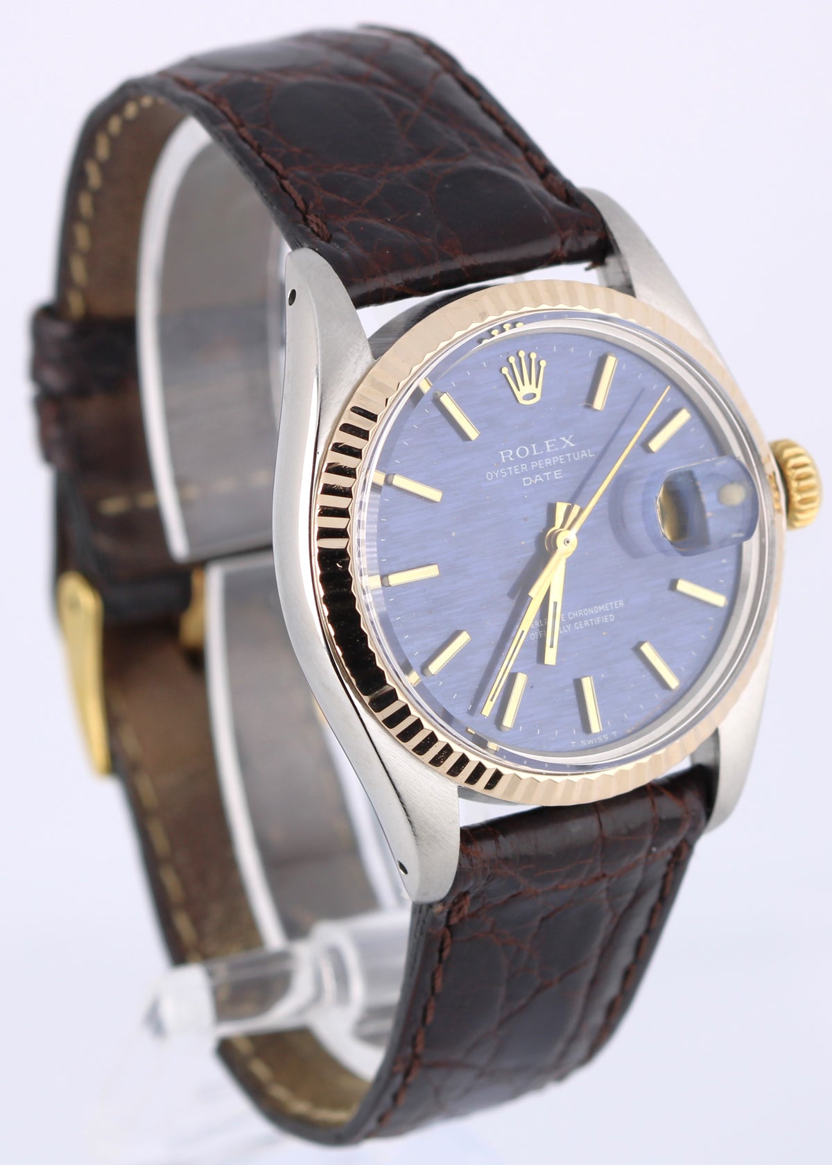 Vintage Rolex Oyster Perpetual Date 1500 Blue Mosaic Shantung Brick 34mm Watch