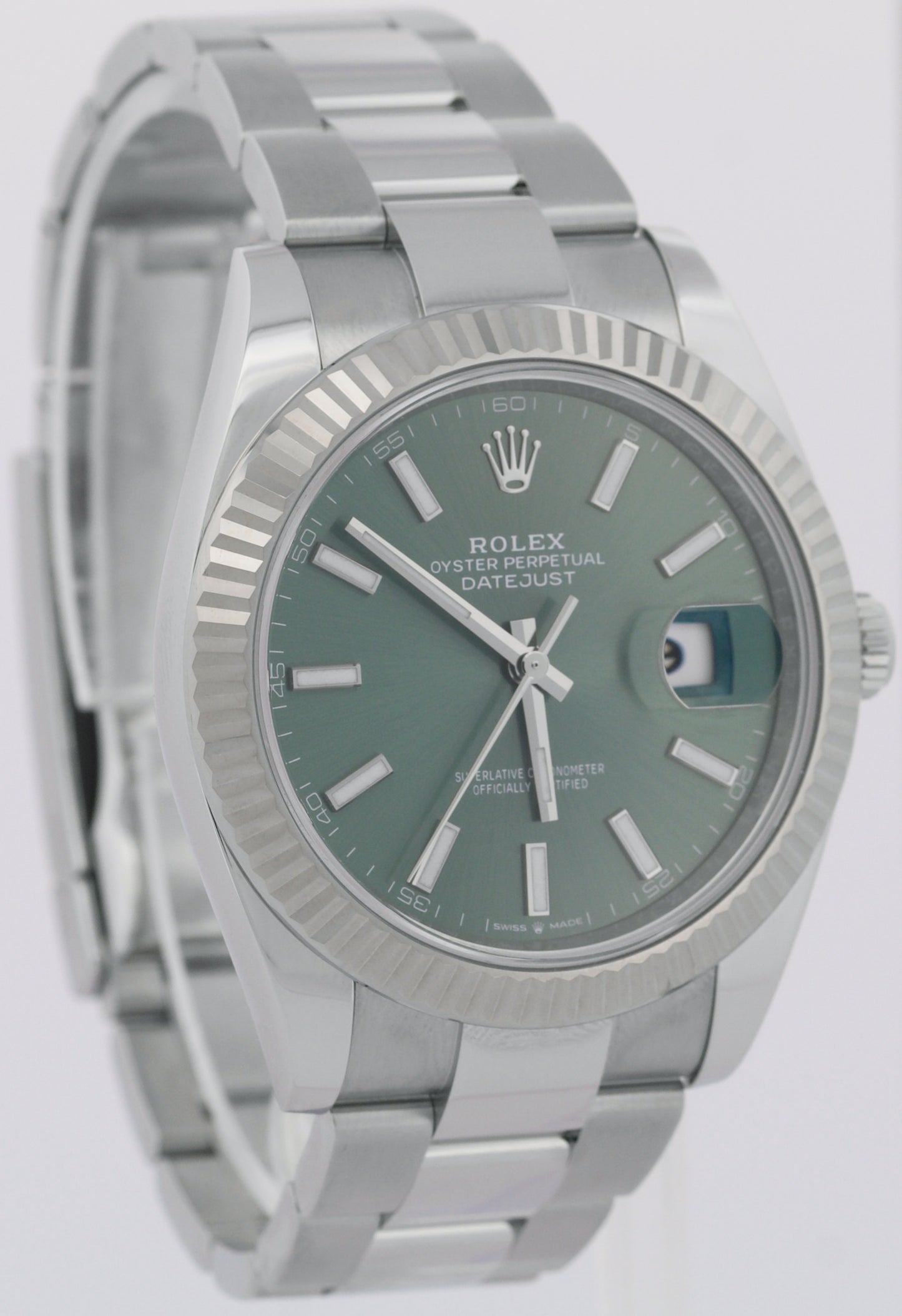 2024 PAPERS Rolex DateJust 41mm MINT GREEN 18K Steel Fluted OYSTER 126334 BOX