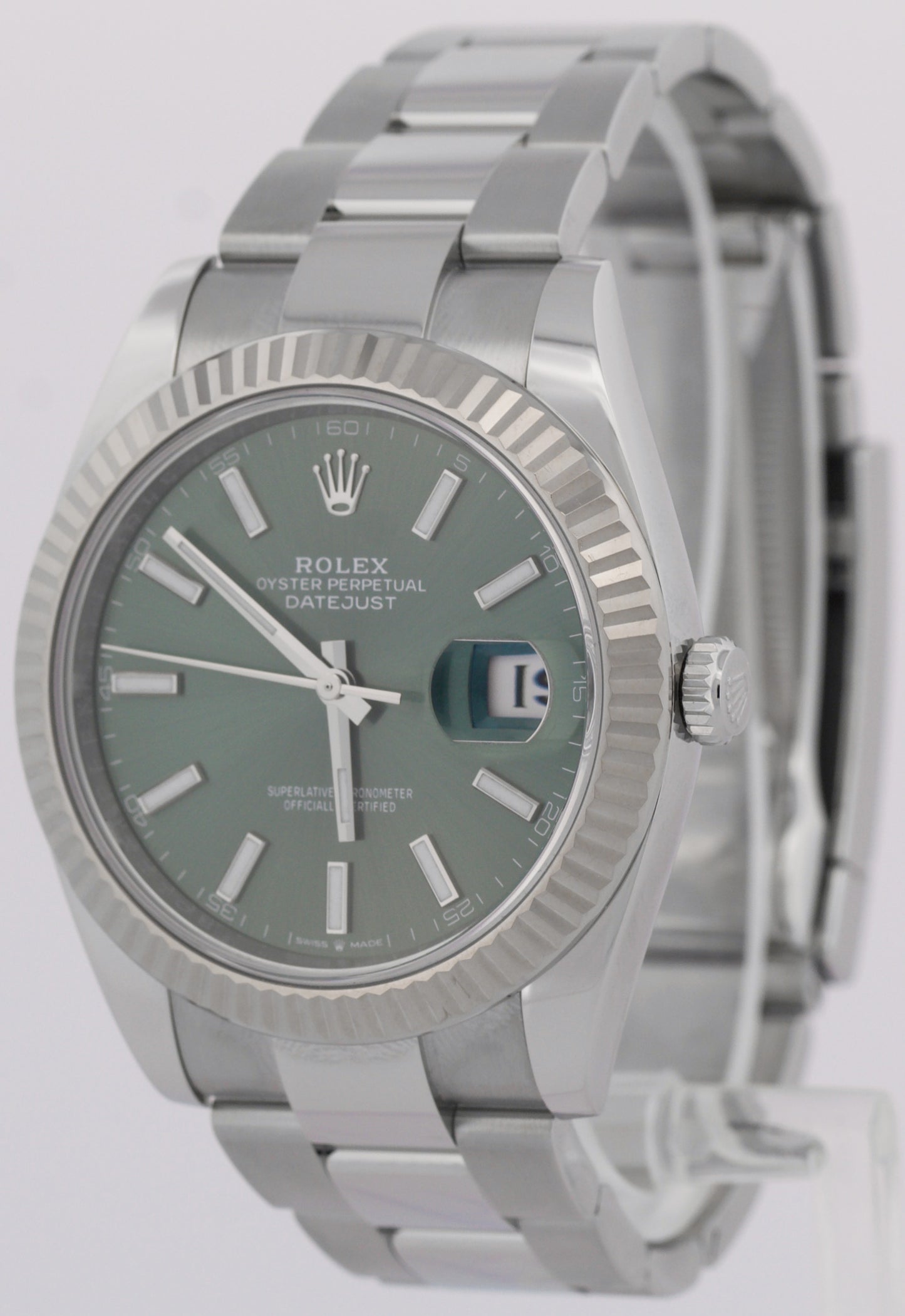 2024 PAPERS Rolex DateJust 41mm MINT GREEN 18K Steel Fluted OYSTER 126334 BOX
