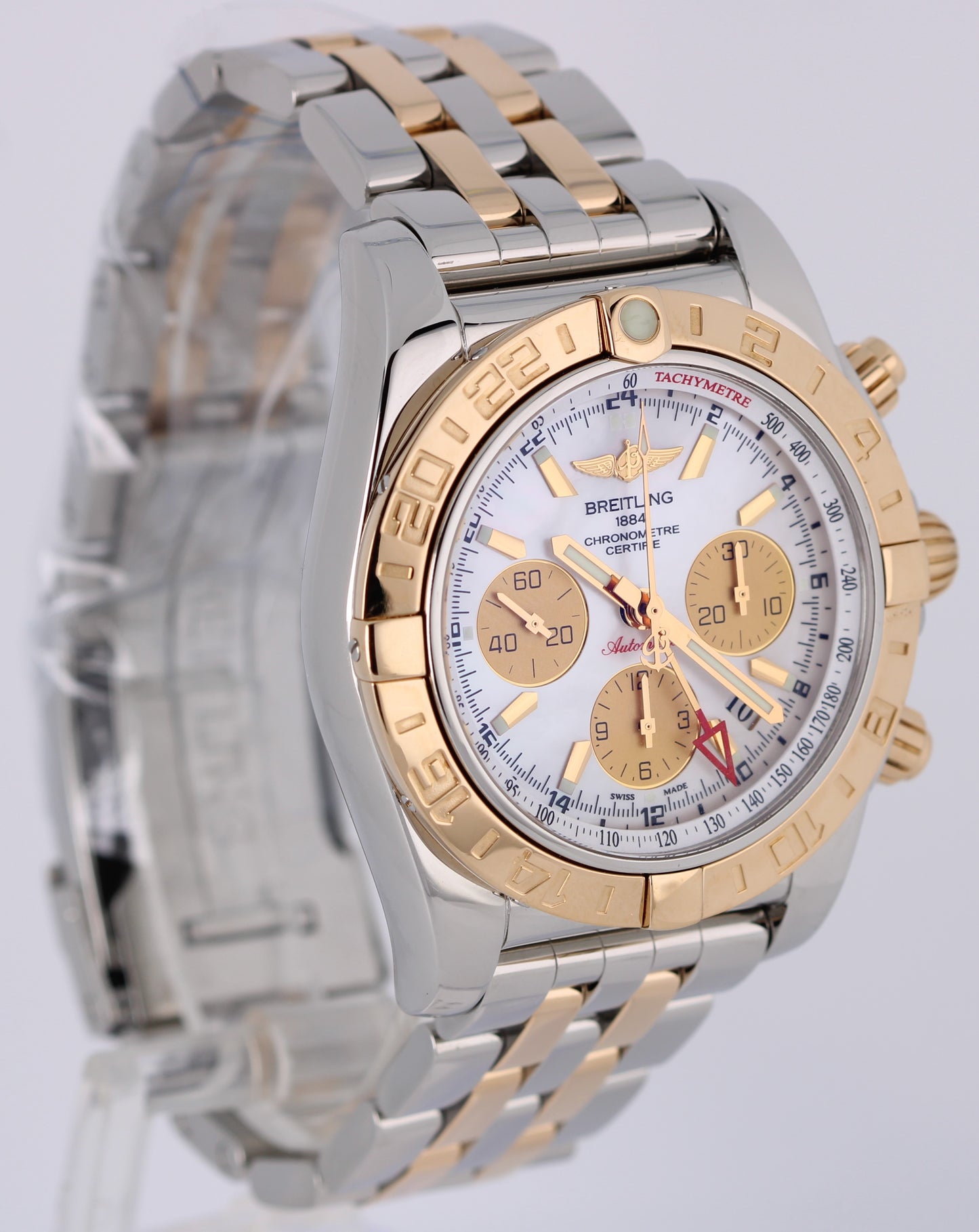 Breitling Chronomat 44 GMT Two-Tone 18k Gold Mother of Pearl 44mm CB0420 Watch