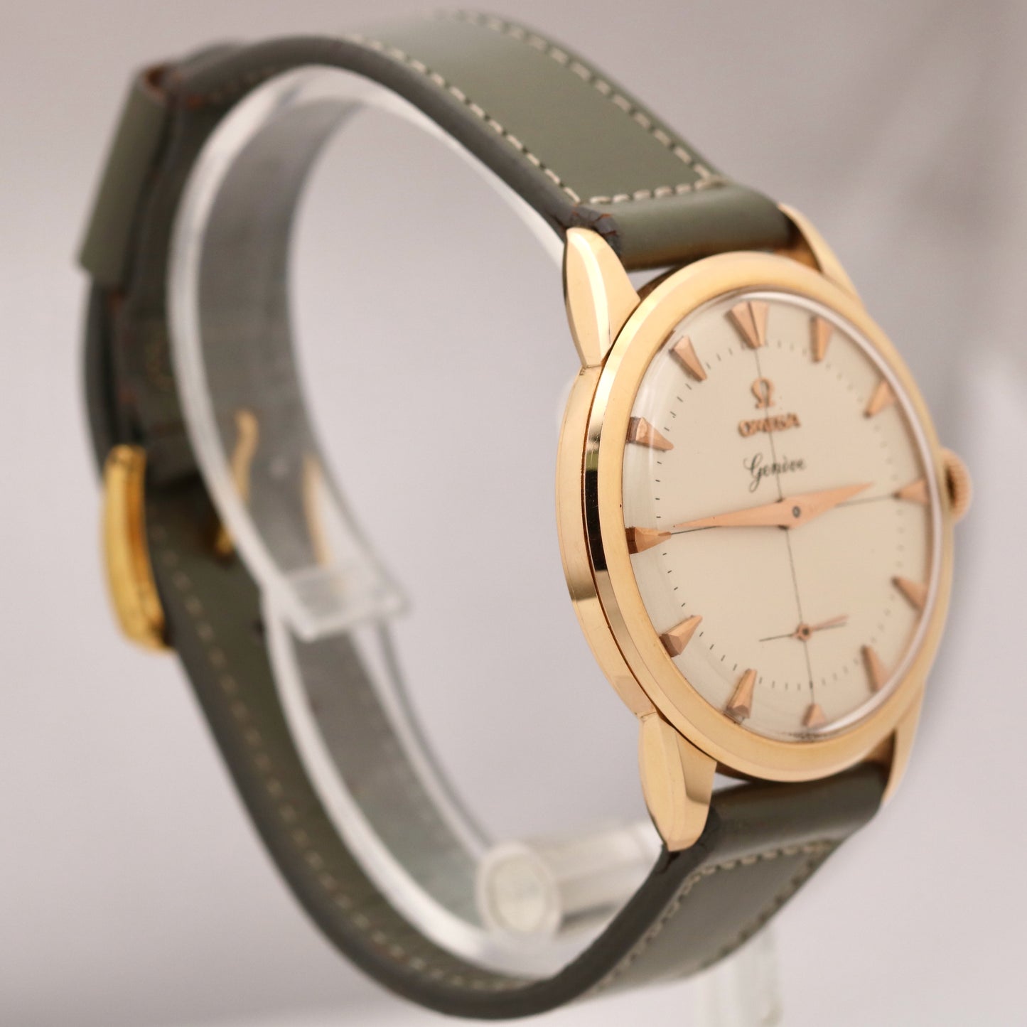 Unisex Omega Geneve 18K Rose Gold Silver Leather 35mm Manual 35mm Watch 2903