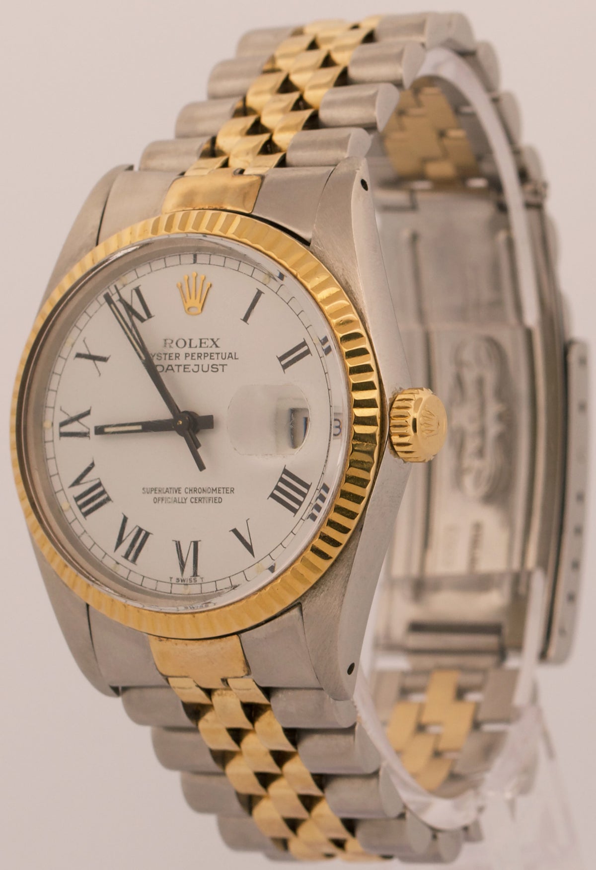 1983 Rolex DateJust 16013 White Roman Buckley Yellow Gold Steel Jubilee 36mm Box