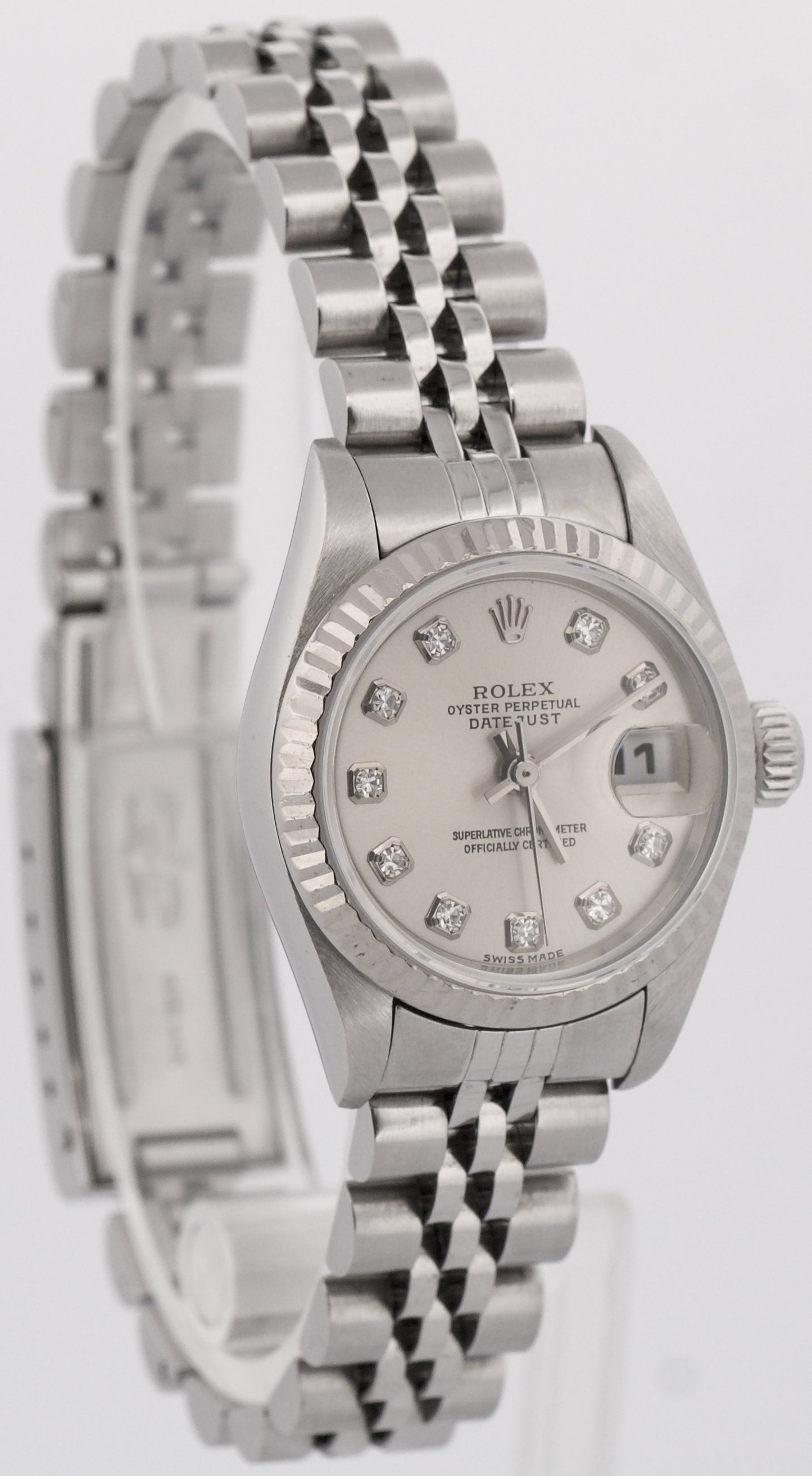 PAPERS Rolex DateJust 26mm SILVER DIAMOND 18K White Gold Steel JUBILEE 79174 BOX