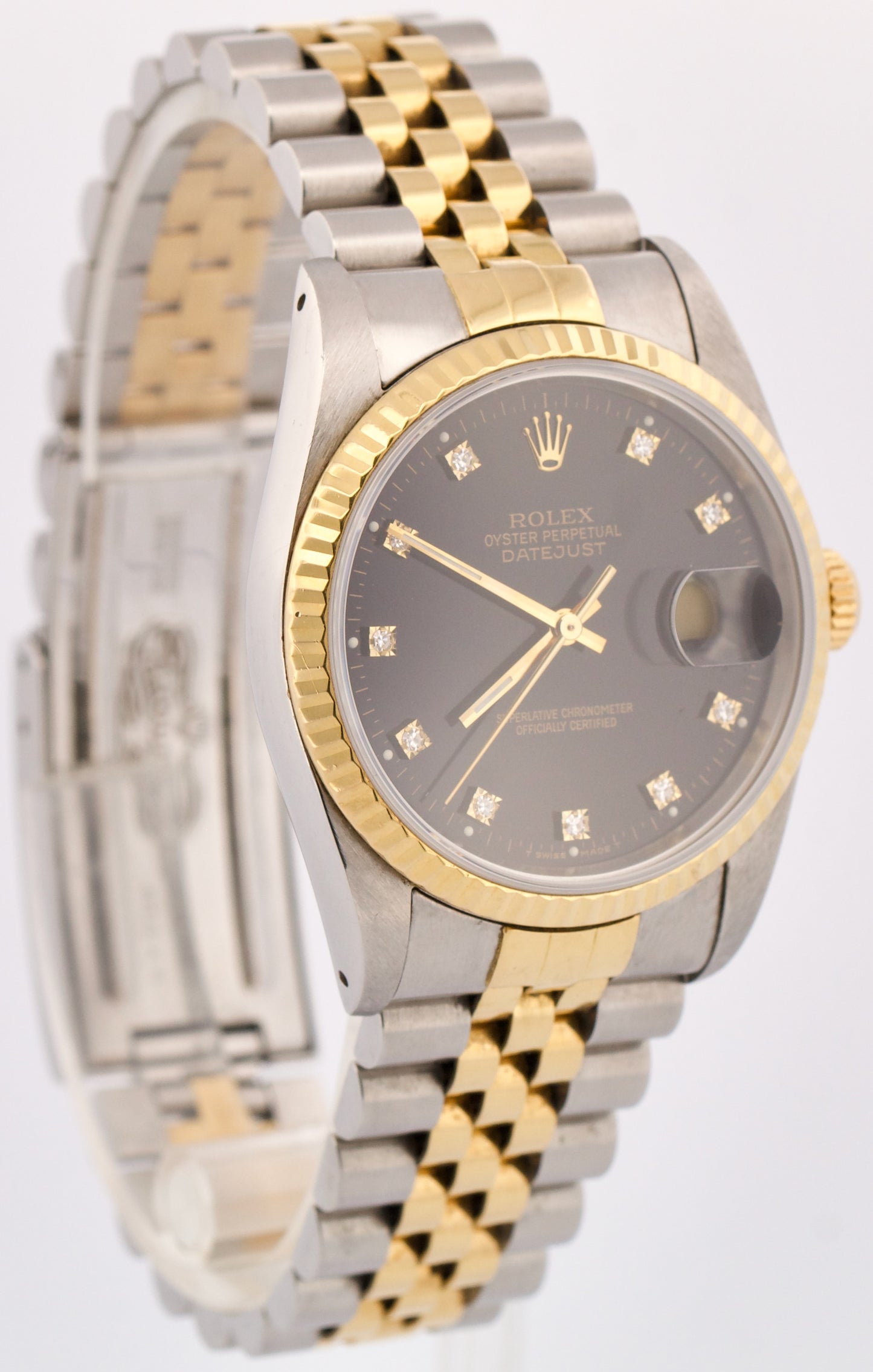 PAPERS Rolex DateJust 36mm FACTORY BLACK DIAMOND 18K Steel JUBILEE 16233 BOX