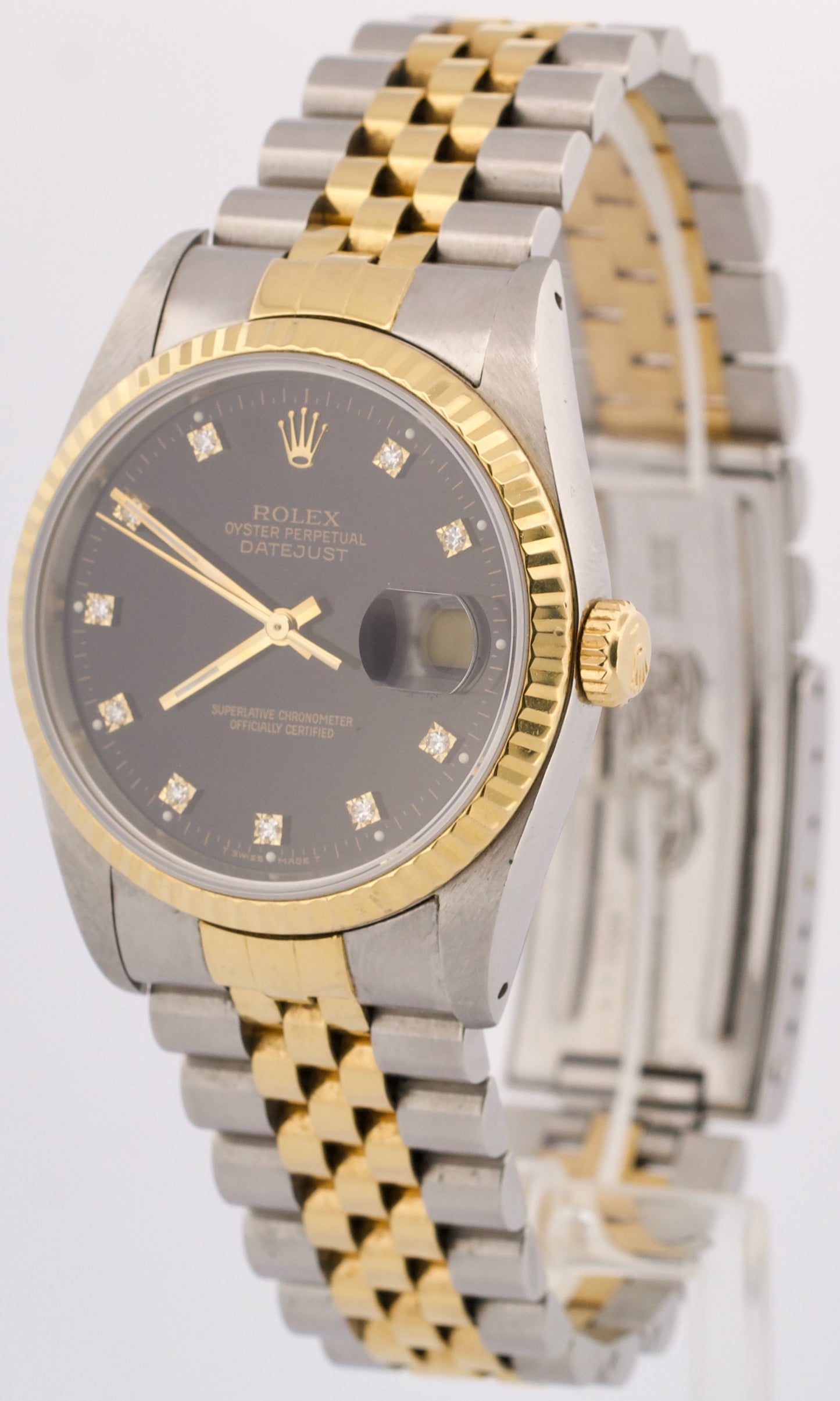 PAPERS Rolex DateJust 36mm FACTORY BLACK DIAMOND 18K Steel JUBILEE 16233 BOX