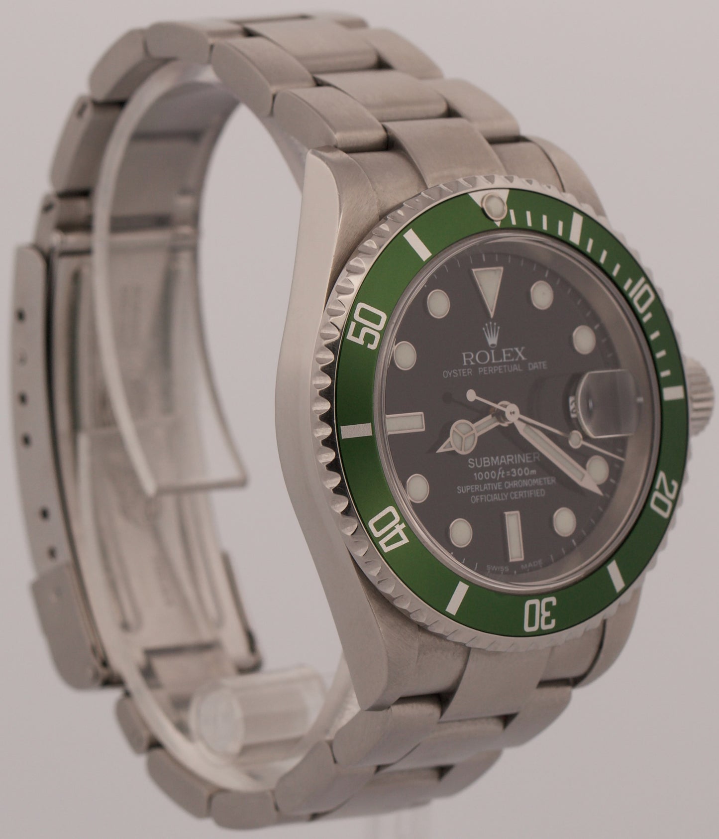 Rolex Submariner Date 16610 LV Flat 4 Green Kermit Stainless Steel Box Papers