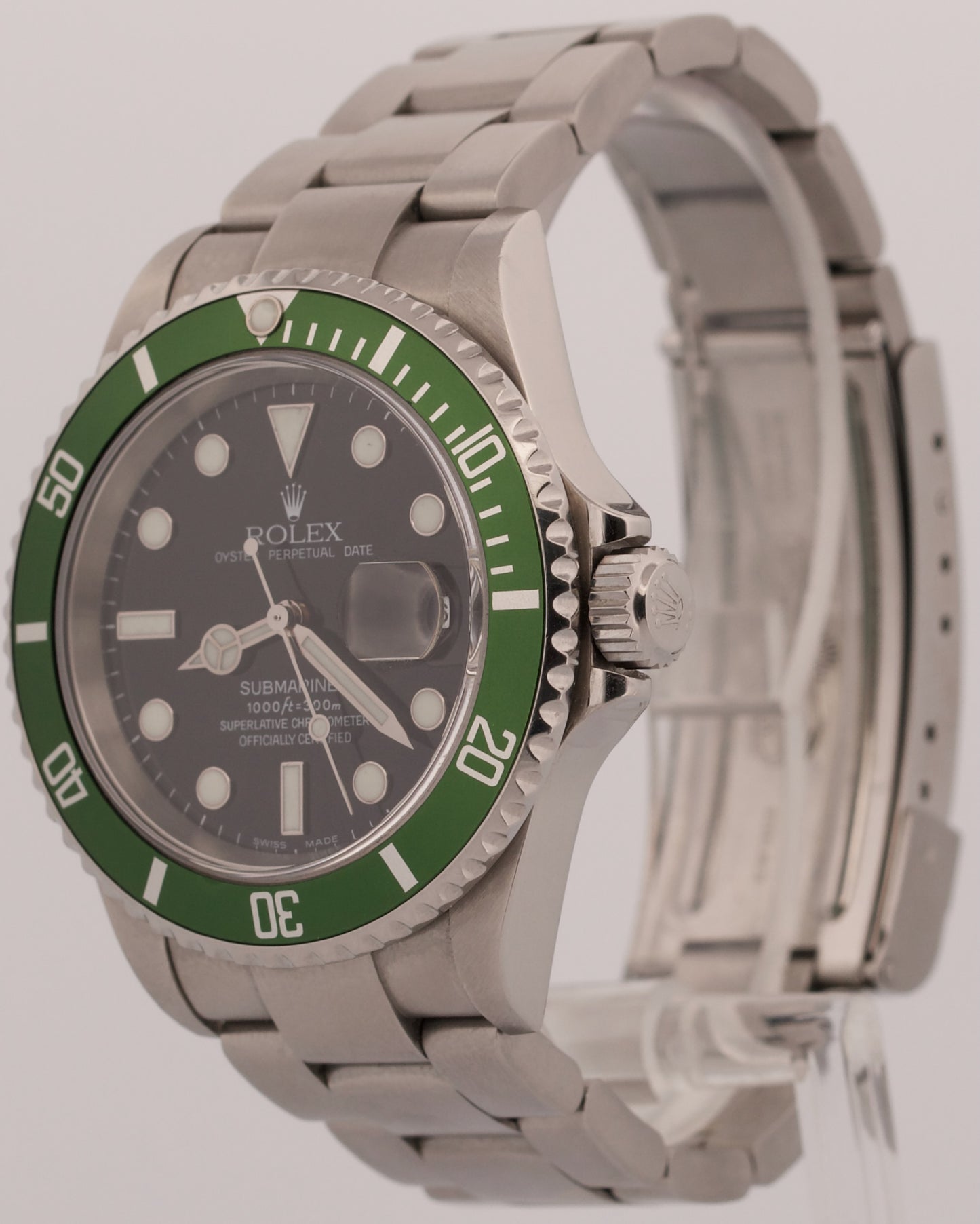 Rolex Submariner Date 16610 LV Flat 4 Green Kermit Stainless Steel Box Papers