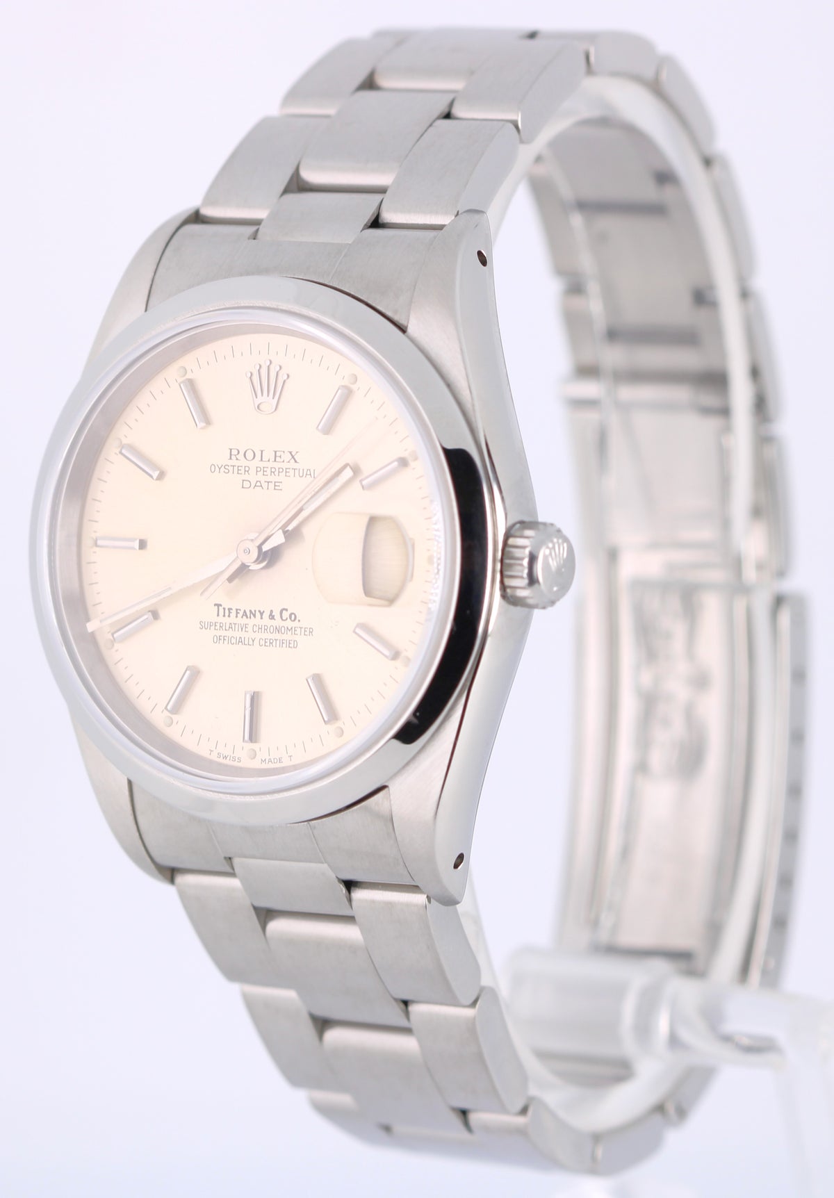 Vintage Rolex Oyster Perpetual Date Tiffany & Co 15200 Silver Patina 34mm Watch