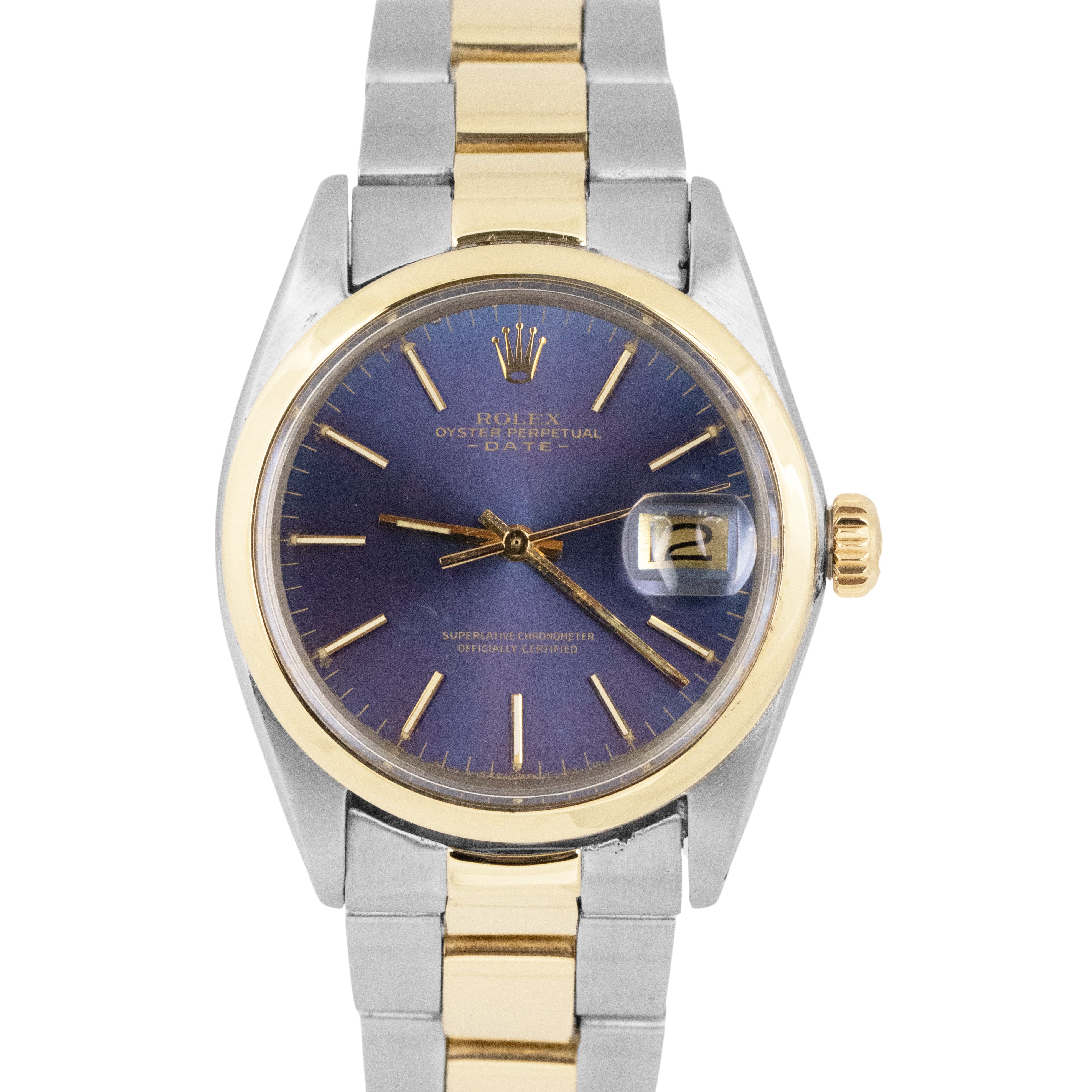 1960 Rolex Oyster Perpetual Date Blue 34mm 18K Gold Steel Oyster Watch 1500