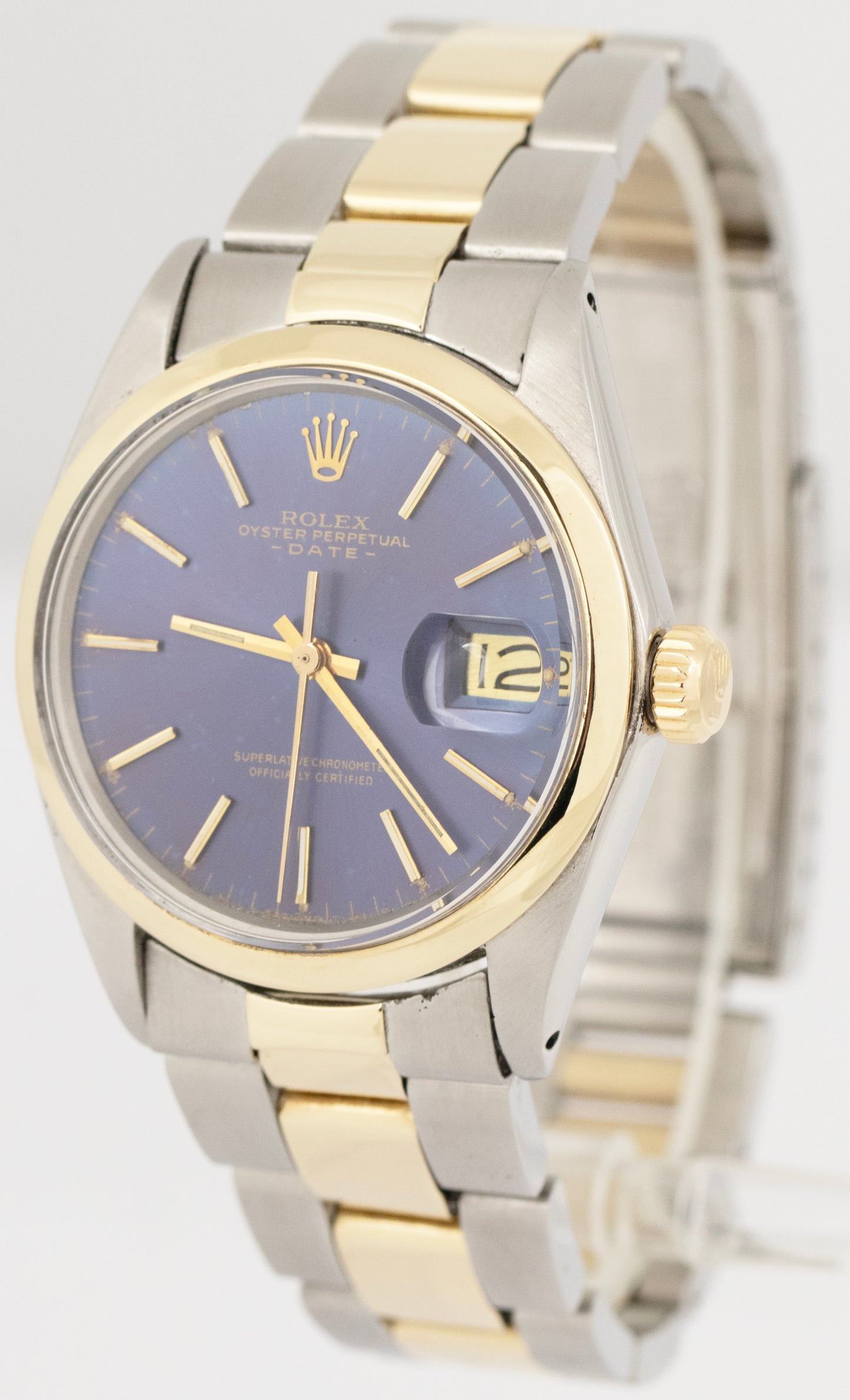 1960 Rolex Oyster Perpetual Date Blue 34mm 18K Gold Steel Oyster Watch 1500