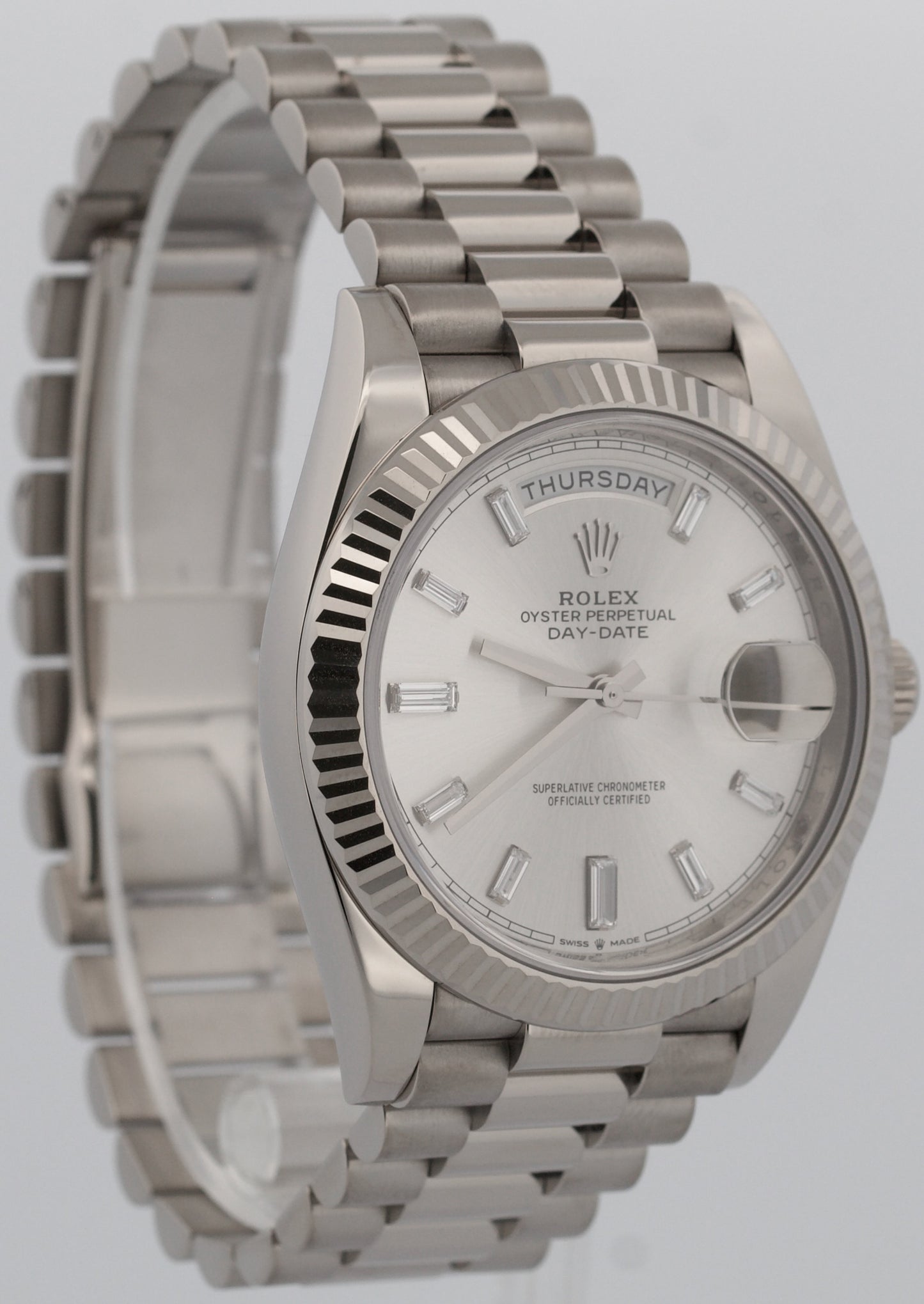2024 Rolex Day-Date President 228239 Silver Baguette Diamond 18K 40mm Box Papers