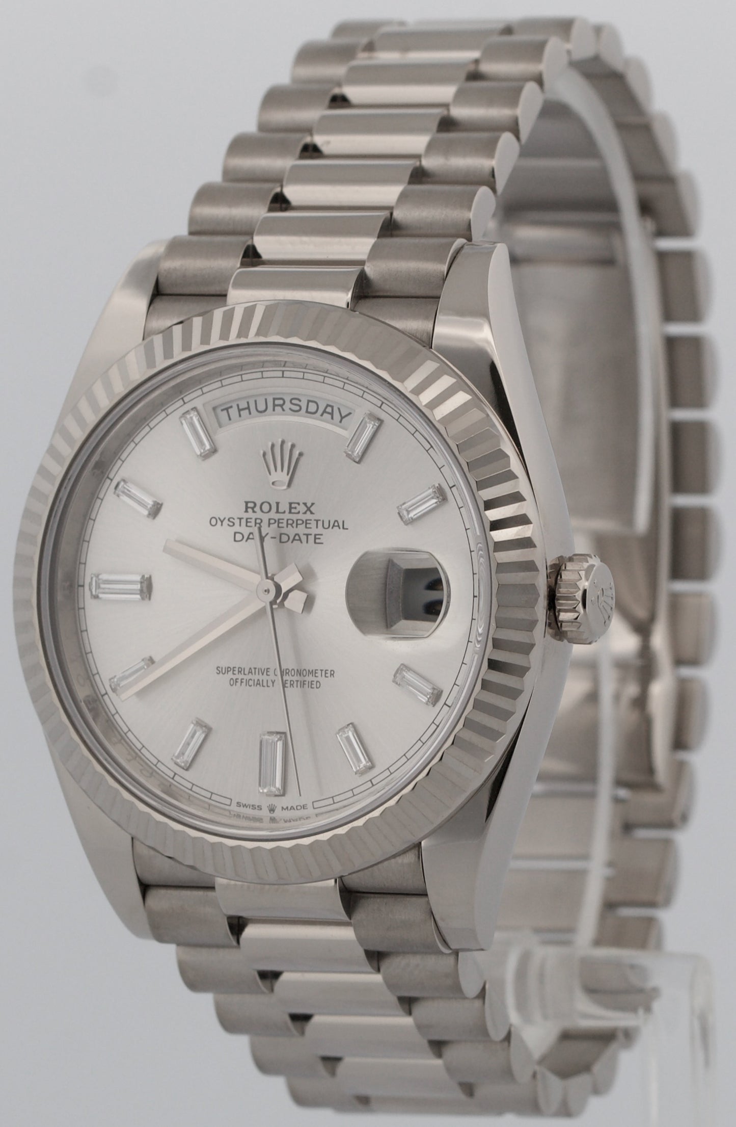 2024 Rolex Day-Date President 228239 Silver Baguette Diamond 18K 40mm Box Papers