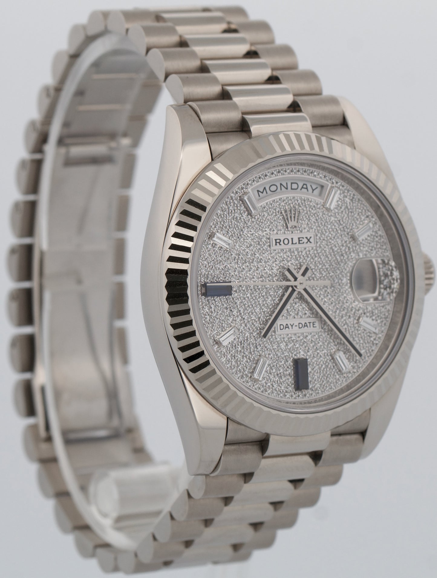 2021 Rolex Day-Date President 228239 Pave Diamond Blue 18K Gold 40mm Box Papers