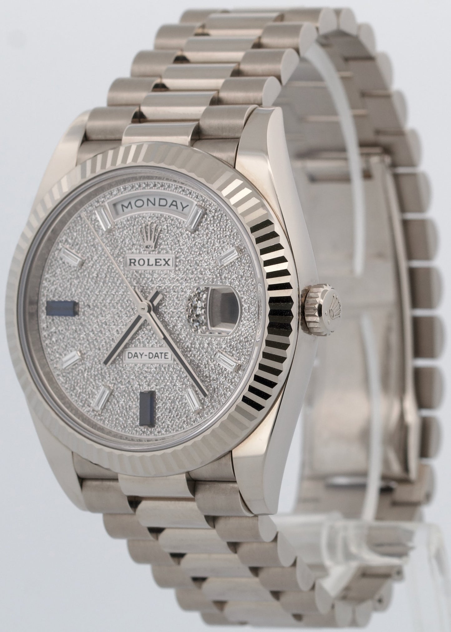 2021 Rolex Day-Date President 228239 Pave Diamond Blue 18K Gold 40mm Box Papers