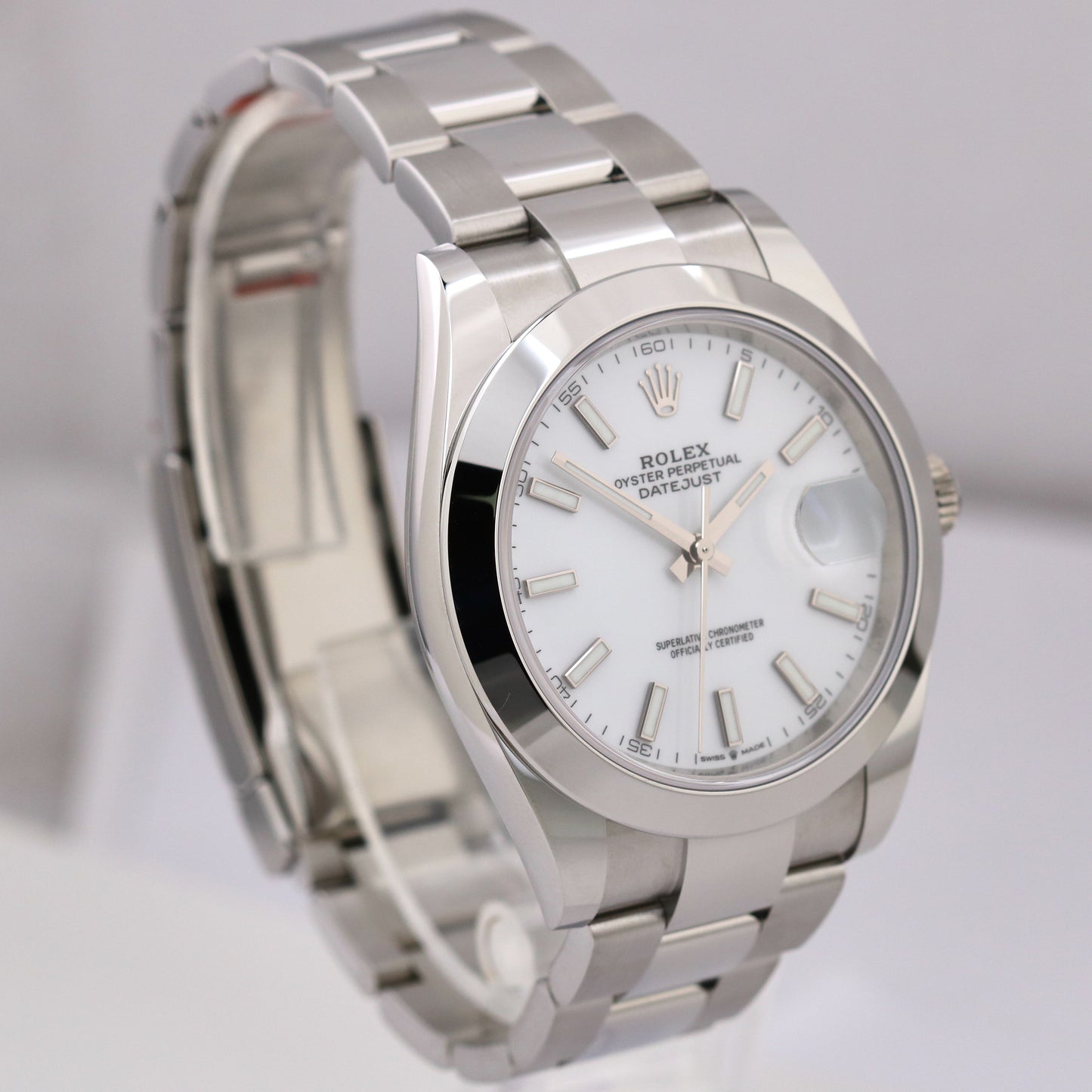 NEW UNWORN PAPERS Rolex DateJust 41 White Stainless Oyster Smooth 126300 B+P